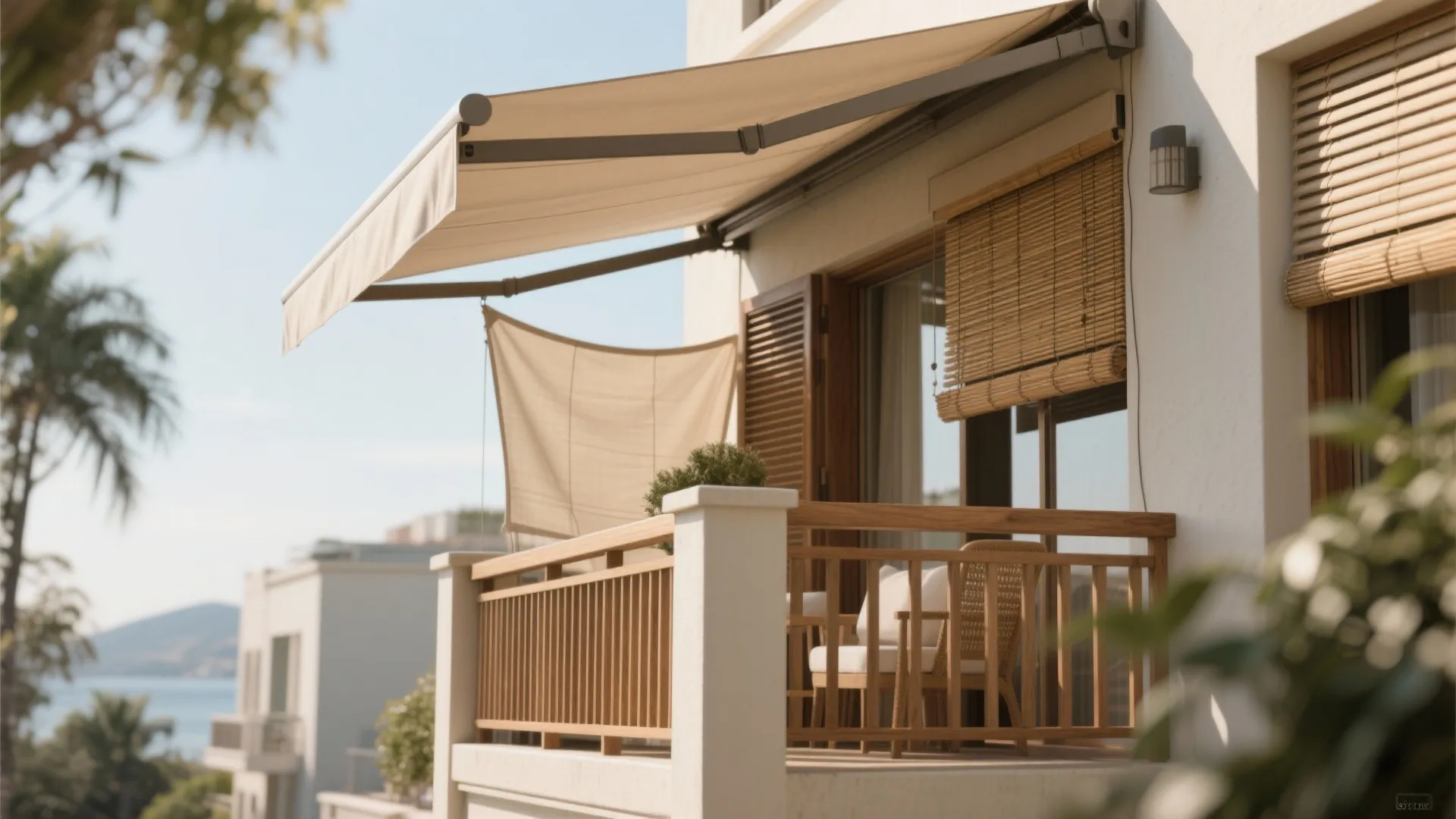 Outdoor balcony with cream retractable awning bamboo window blinds wooden railing white walls and cozy furniture