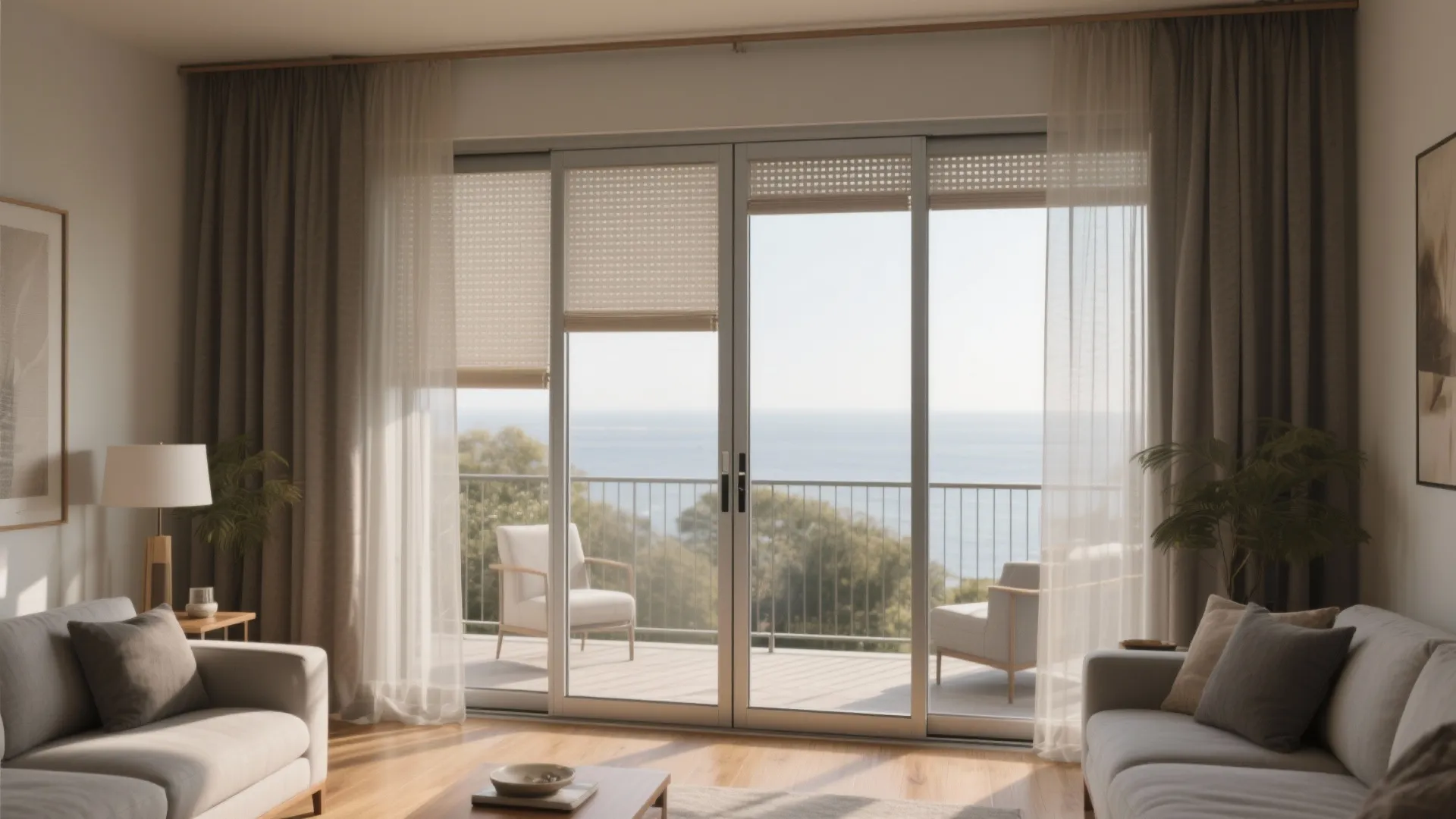Modern living room with grey sofas wooden floor large glass balcony doors and sea view