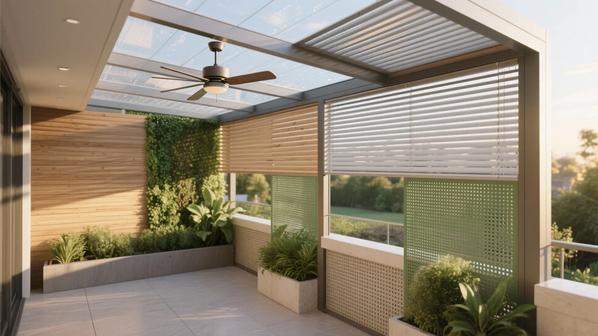 Modern balcony featuring a glass roof with ceiling fan green plant wall and window blinds