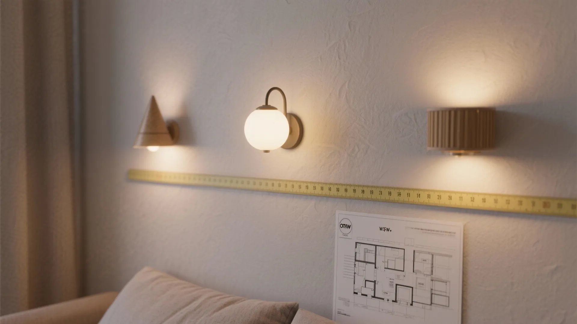 Three different small wall light fixtures installed above a yellow measuring tape and floor plan