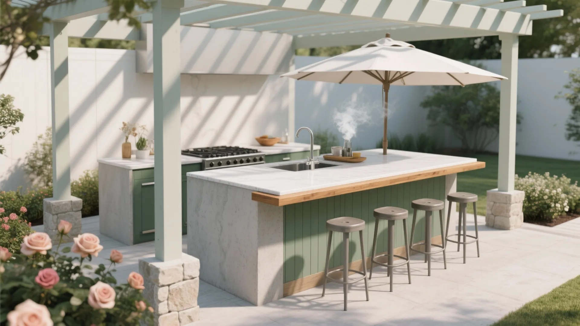 Idea 1: Shade-first island with a slim bar rail