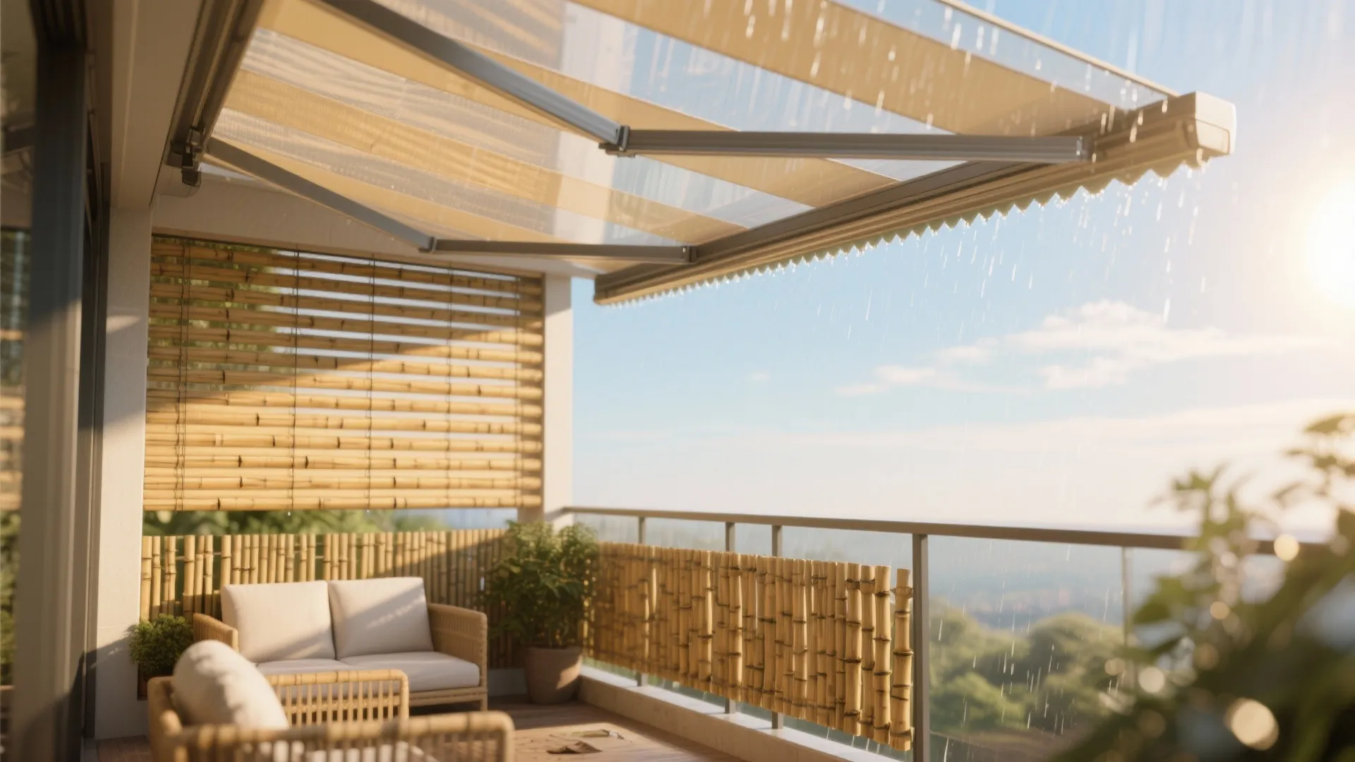Bamboo roll-up shades and compact awning shield a condo balcony from sun and rain.