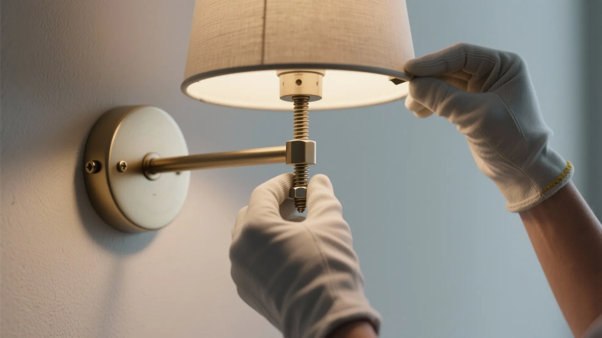 Hands wearing white gloves fixing a gold wall light with a beige fabric lamp shade