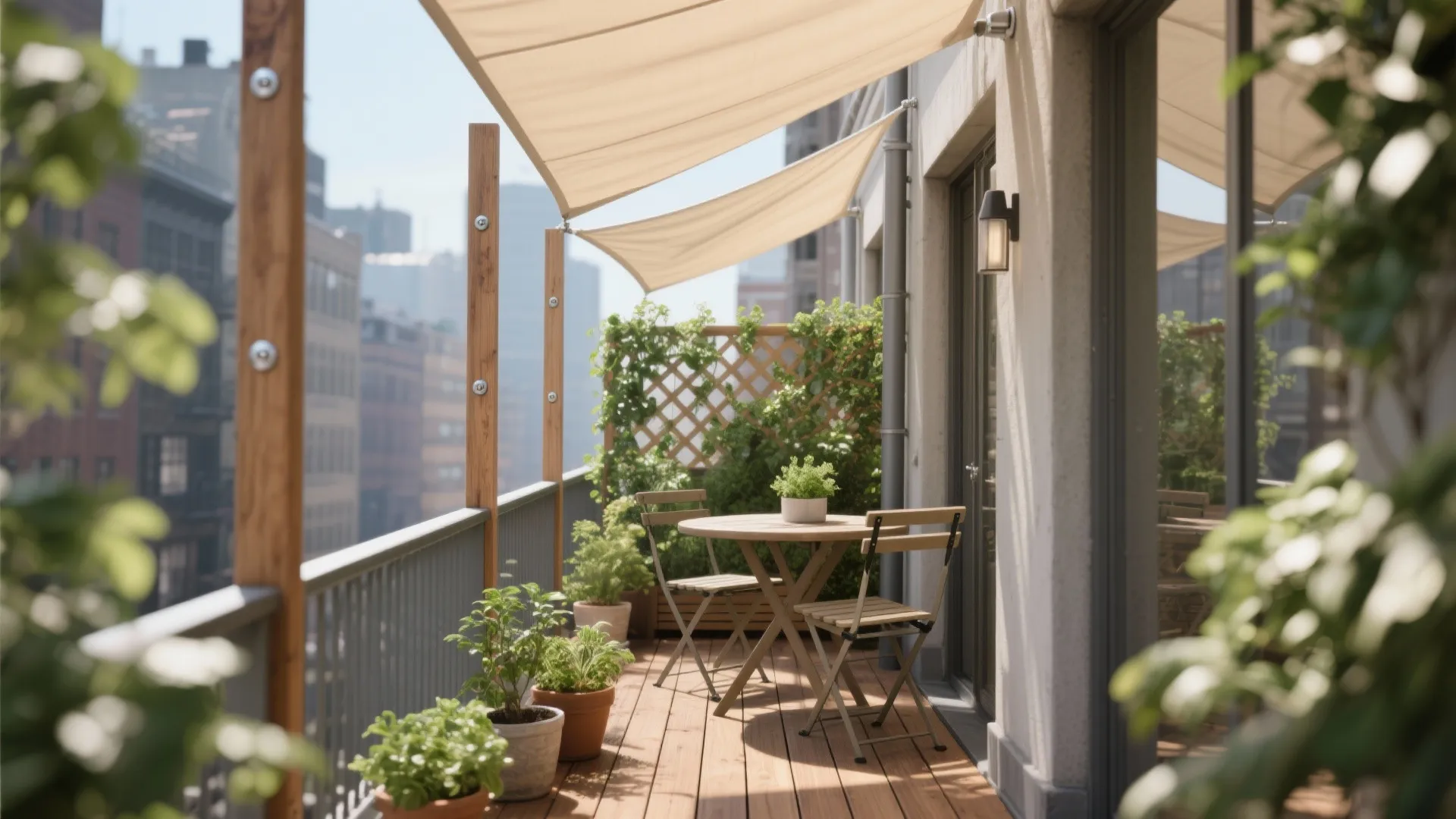 Outdoor balcony featuring beige sun shade wooden table chairs potted plants floor and city buildings