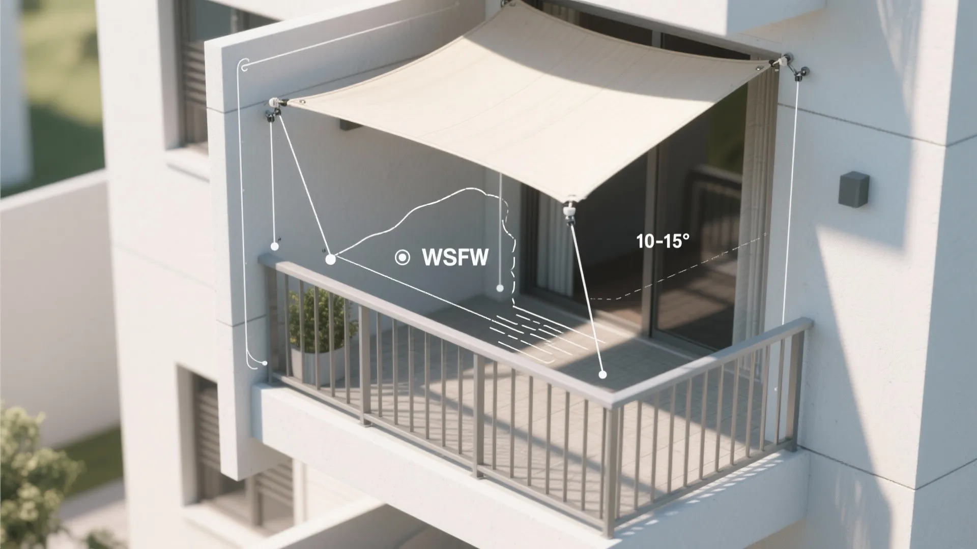Top-down view showing shade sail anchors, tension lines, and slope on a compact balcony.