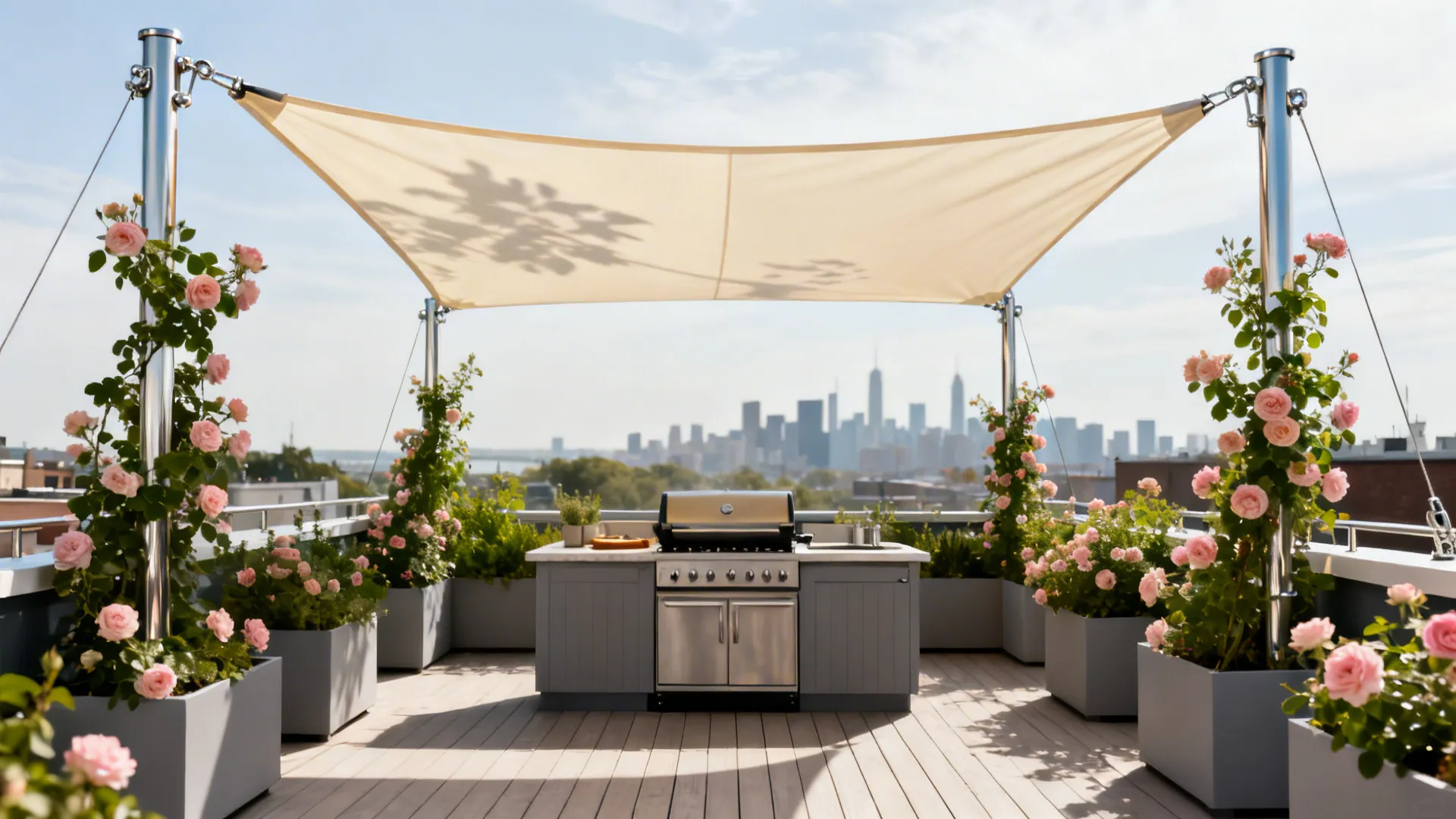 Rooftop kitchen with cream HDPE shade sail and trough planters of climbing roses around a compact grill.