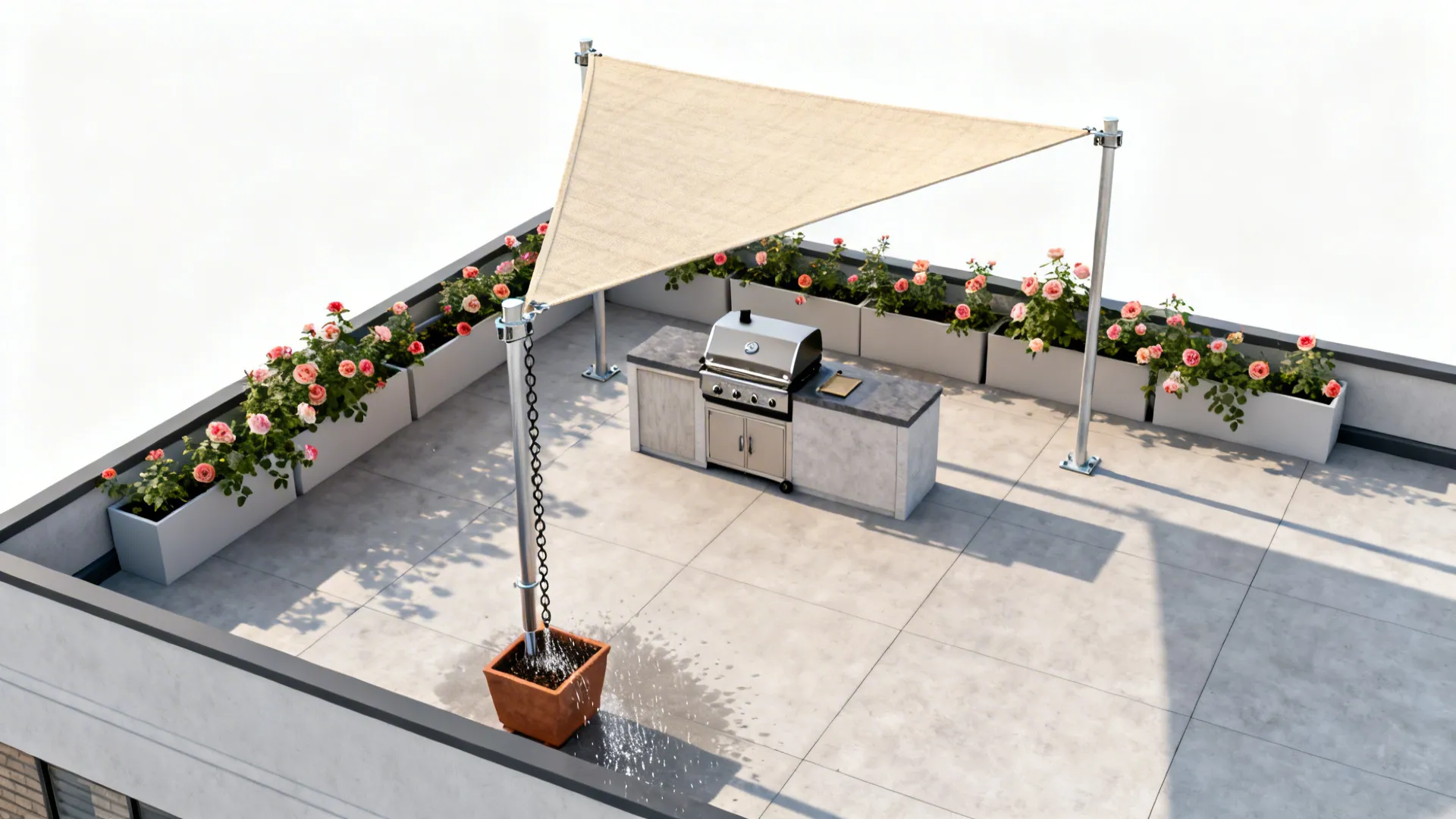 Top-down view of shade sail geometry and planter anchors around a compact rooftop kitchen.