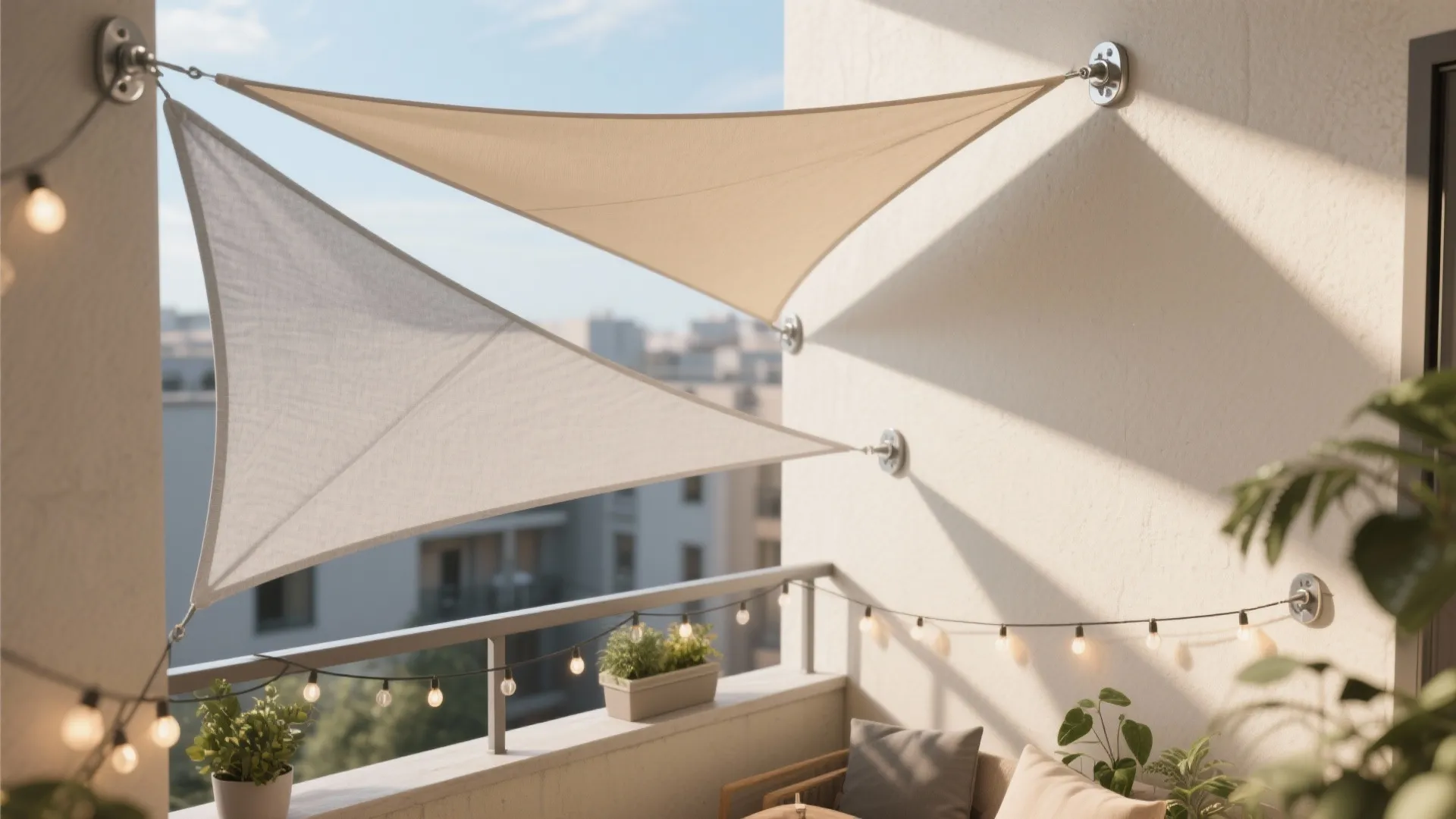Small balcony with beige and gray shade sails tensioned diagonally for a sculptural effect.
