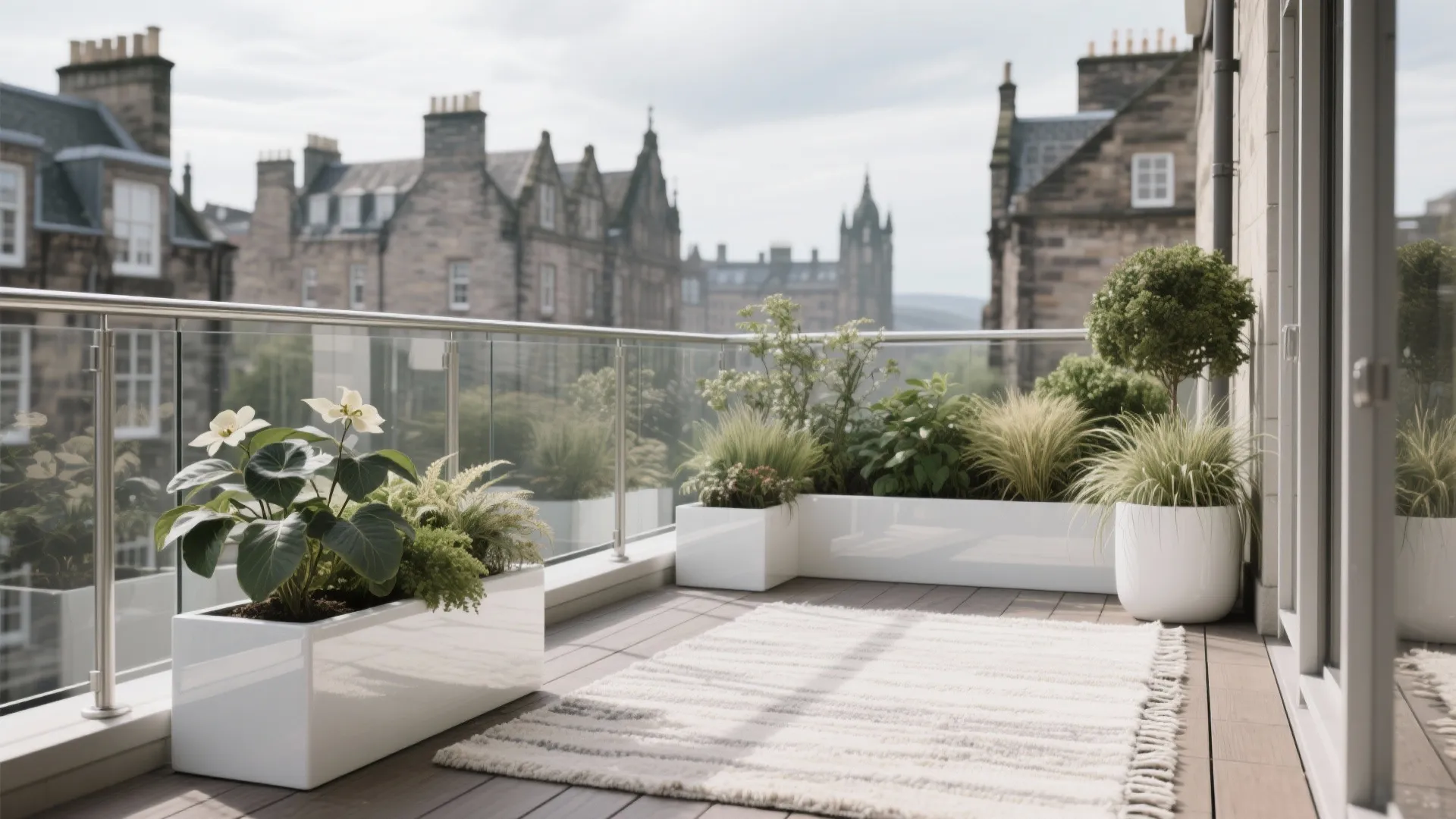 Modern balcony with white planters and green plants plus a small rug and glass railing