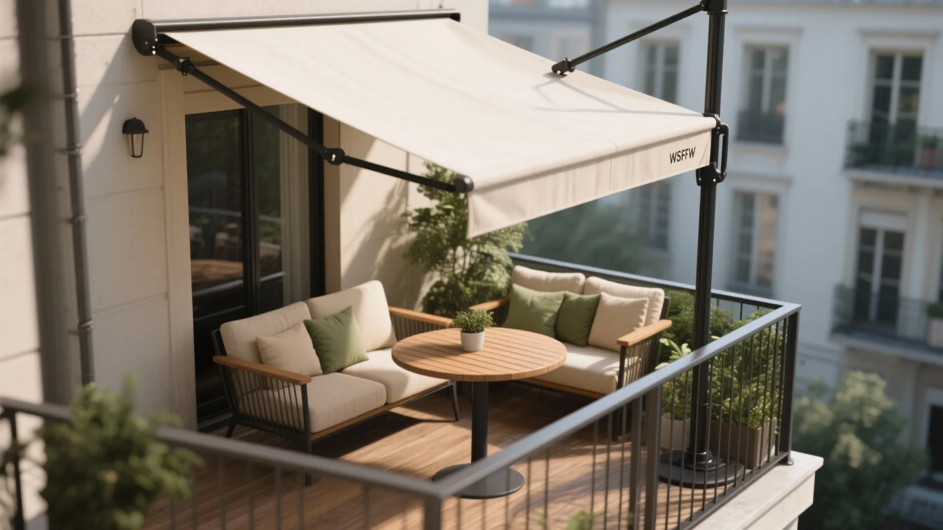 Outdoor balcony seating area with beige sofa green pillows wooden table and large retractable sun shade