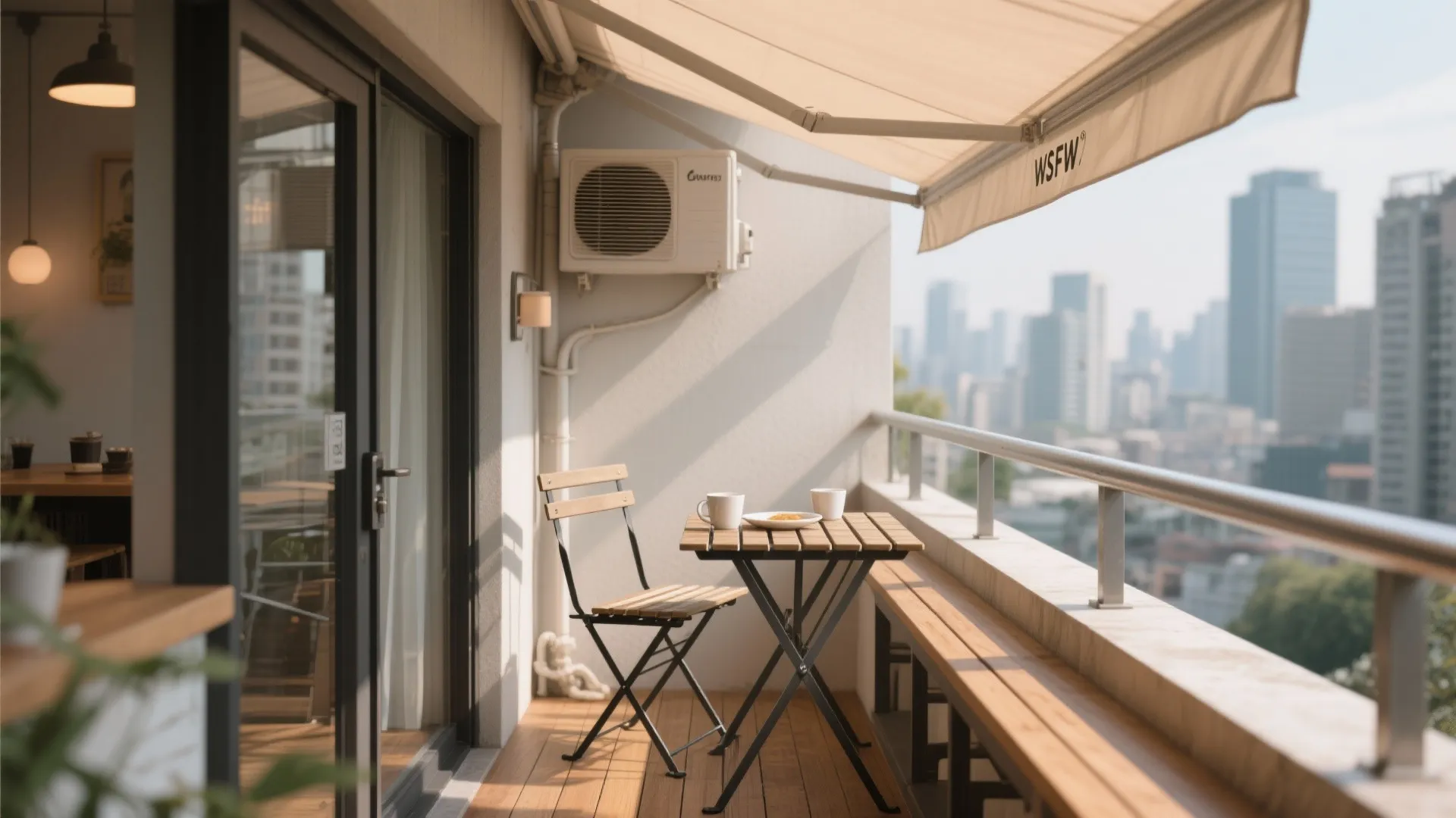 Small balcony with foldable bistro set, rail-hung table, and breathable shade sail.