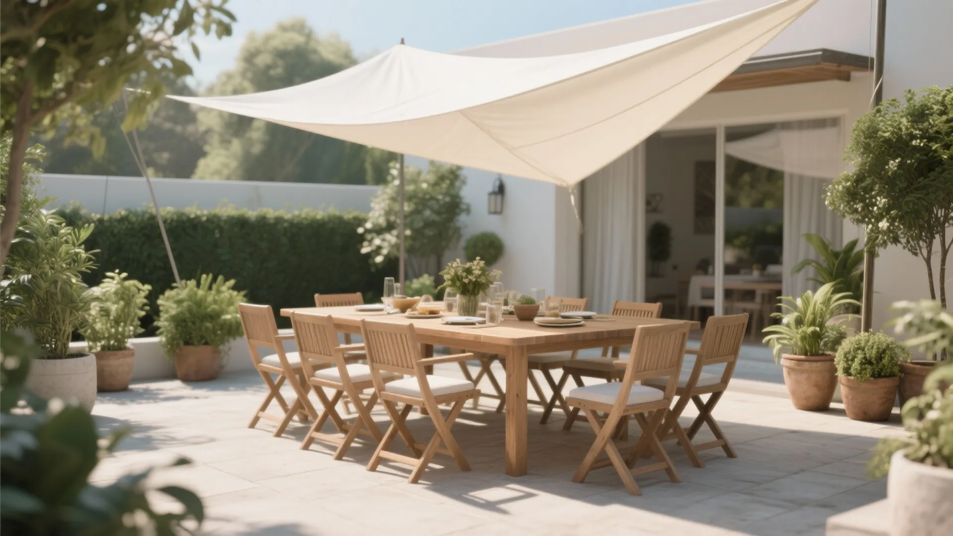 Large outdoor dining table with wooden chairs under a white sun shade on a patio