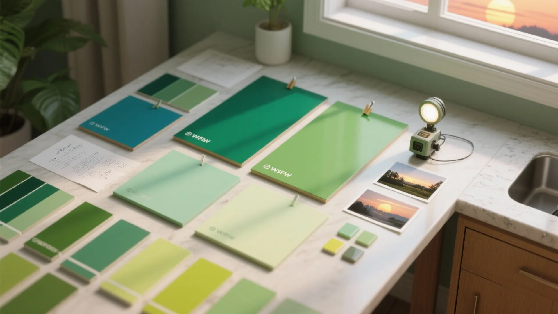 Top-down view of green paint swatches and sample boards near a window showing warm and cool lighting.