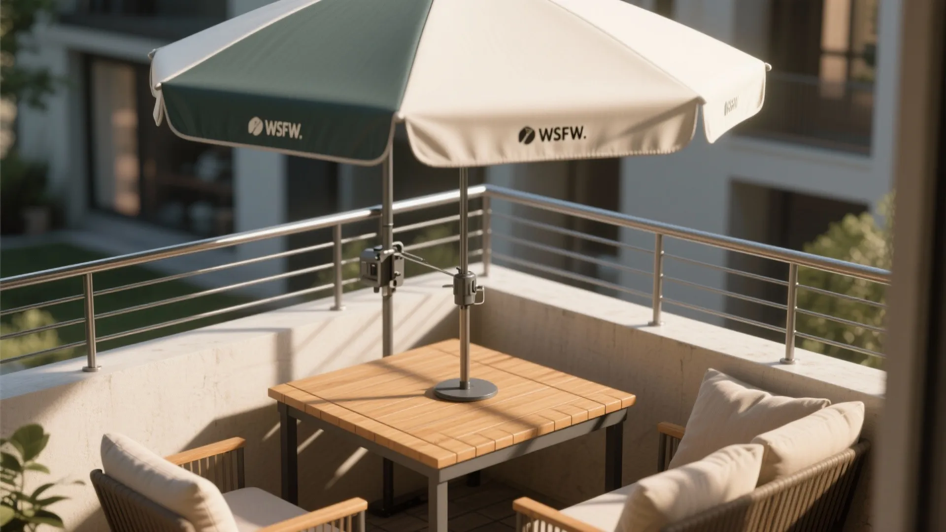 Outdoor patio set with wooden table green and white sun umbrella and comfortable cushioned chairs