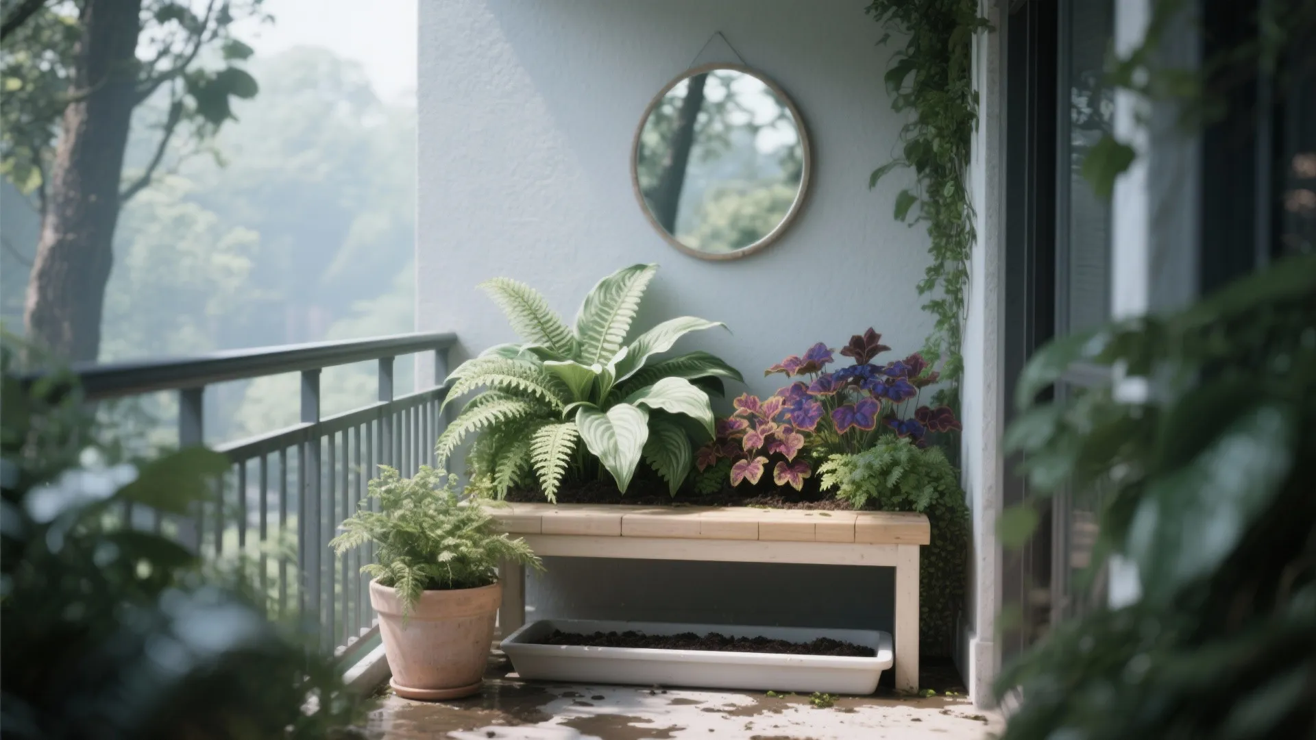 Layered ferns, hosta, and heuchera in a light planter with a wall mirror in shade.