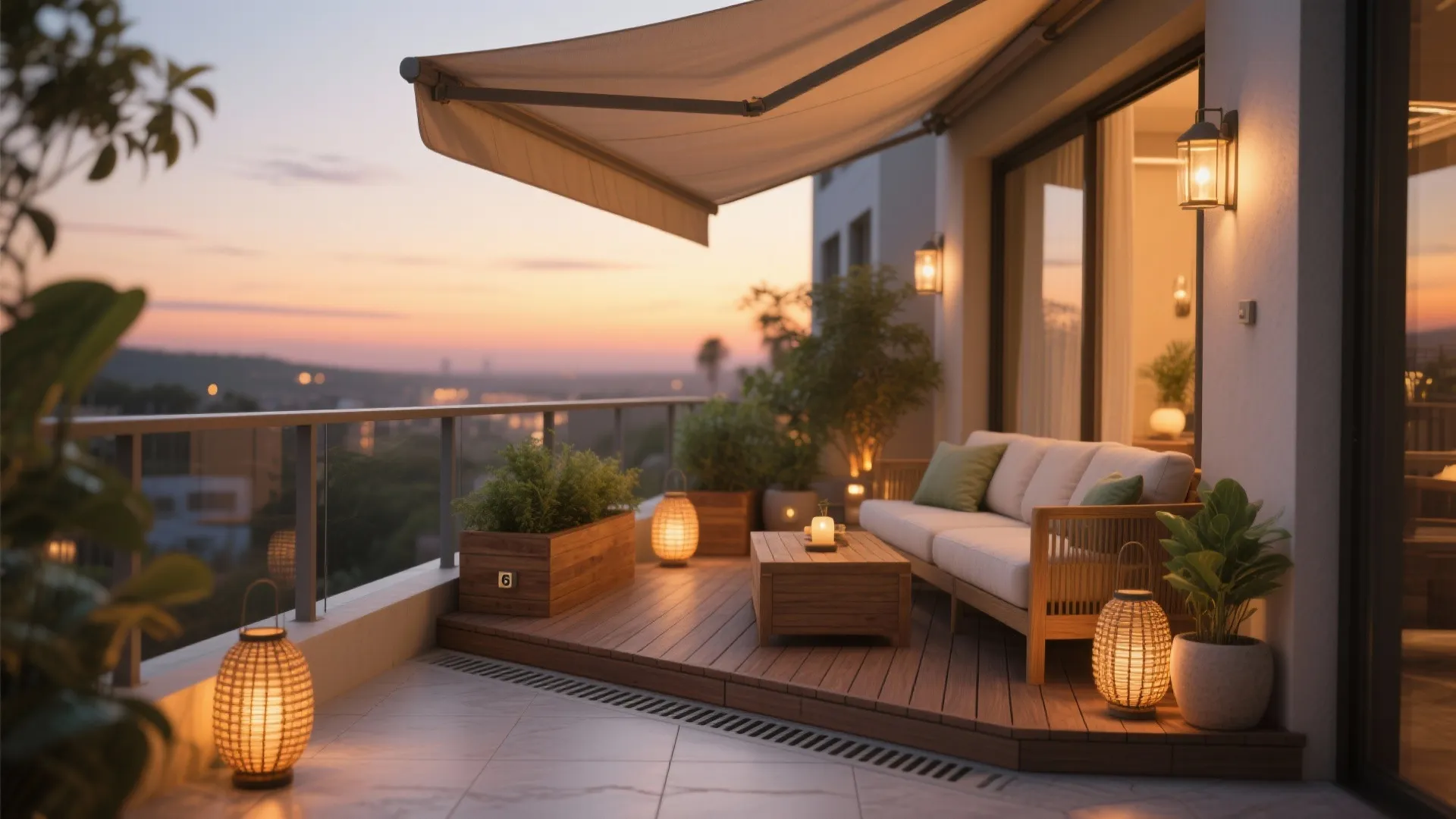 Cozy balcony with deck tiles, a compact shade sail, warm lantern lighting, and wood accents for evening comfort.