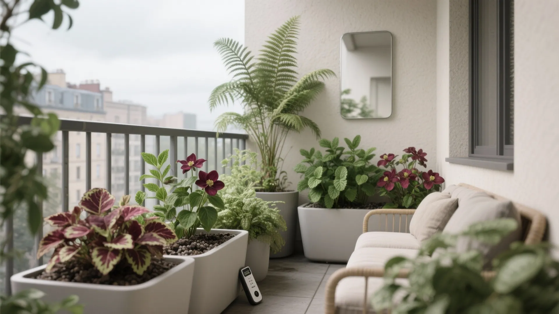 Cozy balcony garden with green plants in white pots and a soft beige outdoor seating
