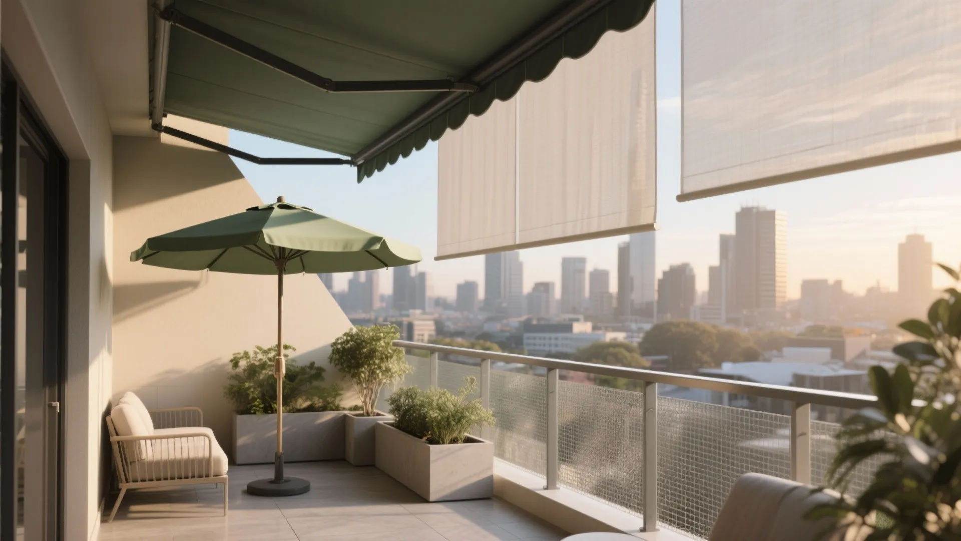 Layered shade, light, and wind control for four seasons