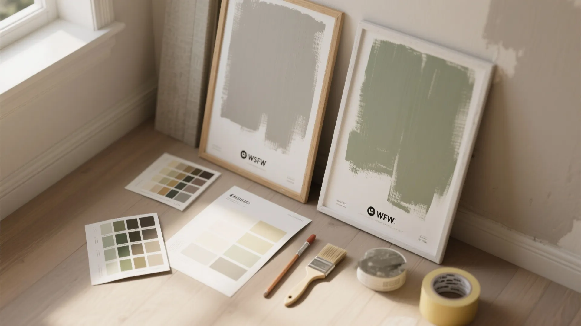 Interior design paint swatches with green and beige posters and painting tools on wooden floor