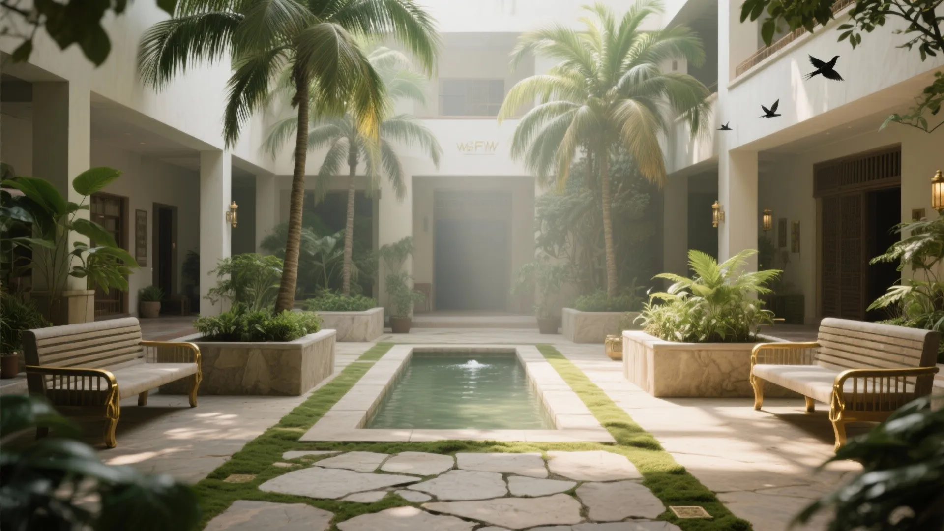 Outdoor courtyard with small pool green palm trees stone path benches and soft natural sunlight