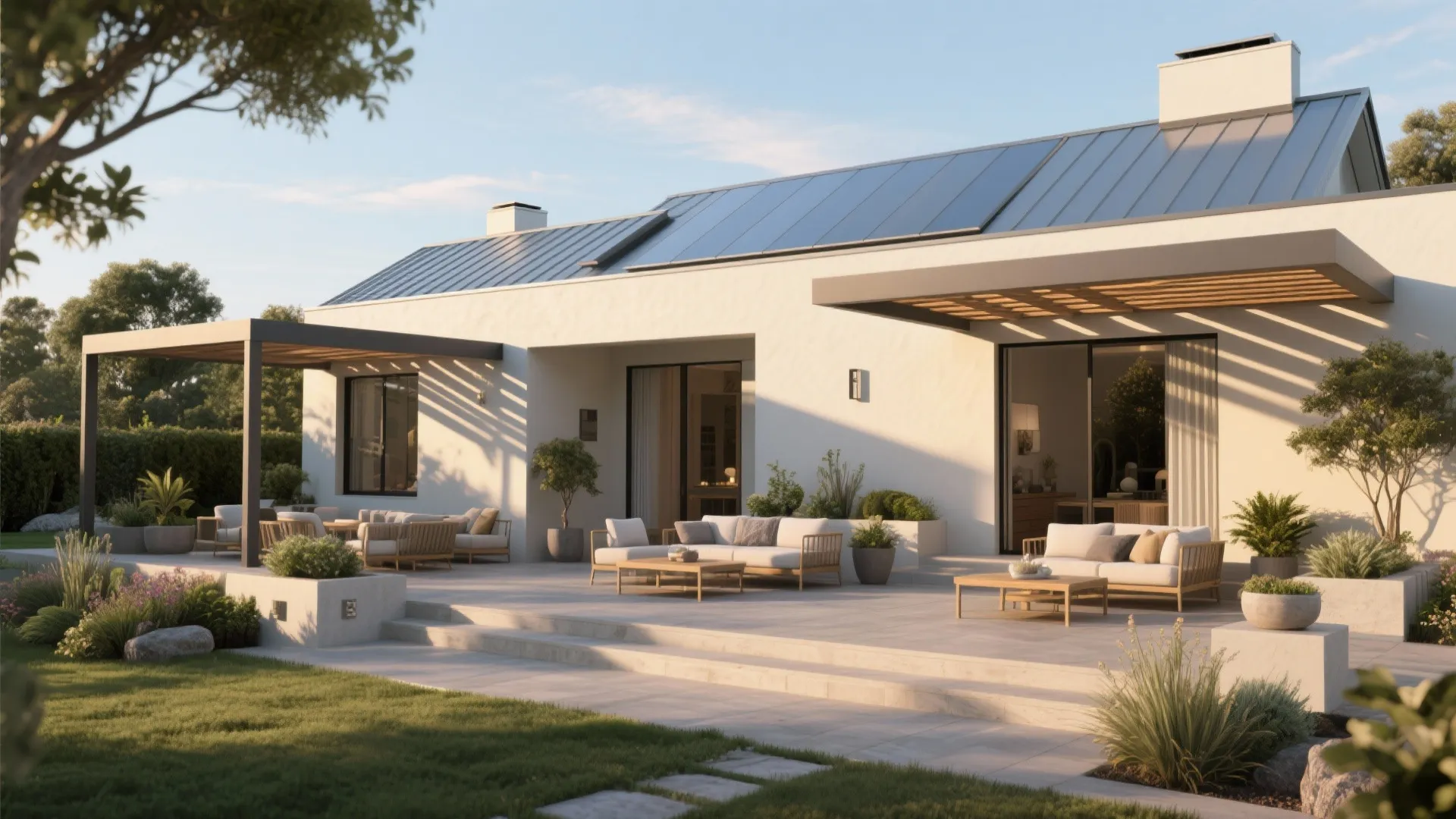 Modern white house with large outdoor terrace featuring sofas coffee tables and solar roof panels