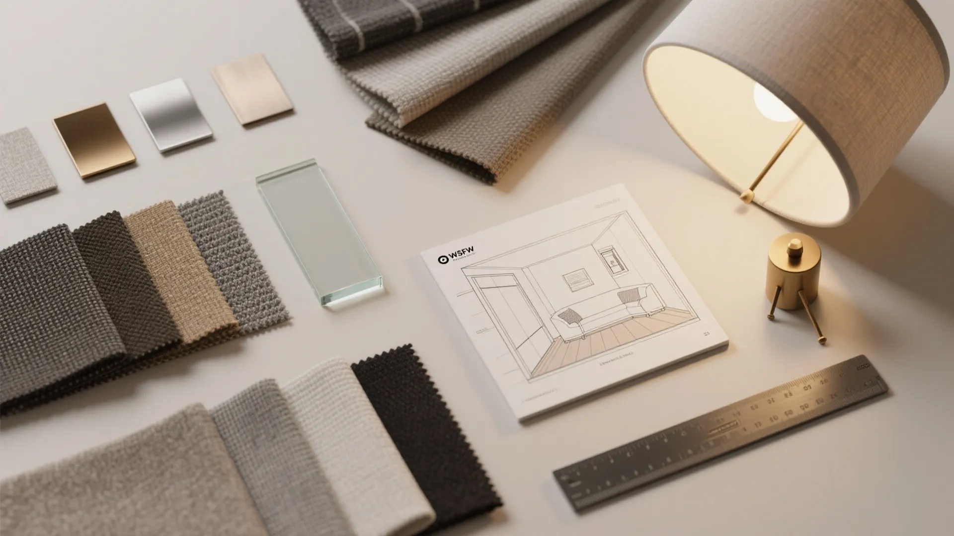 Interior design drawing with fabric samples metal plates glass piece ruler and a table light