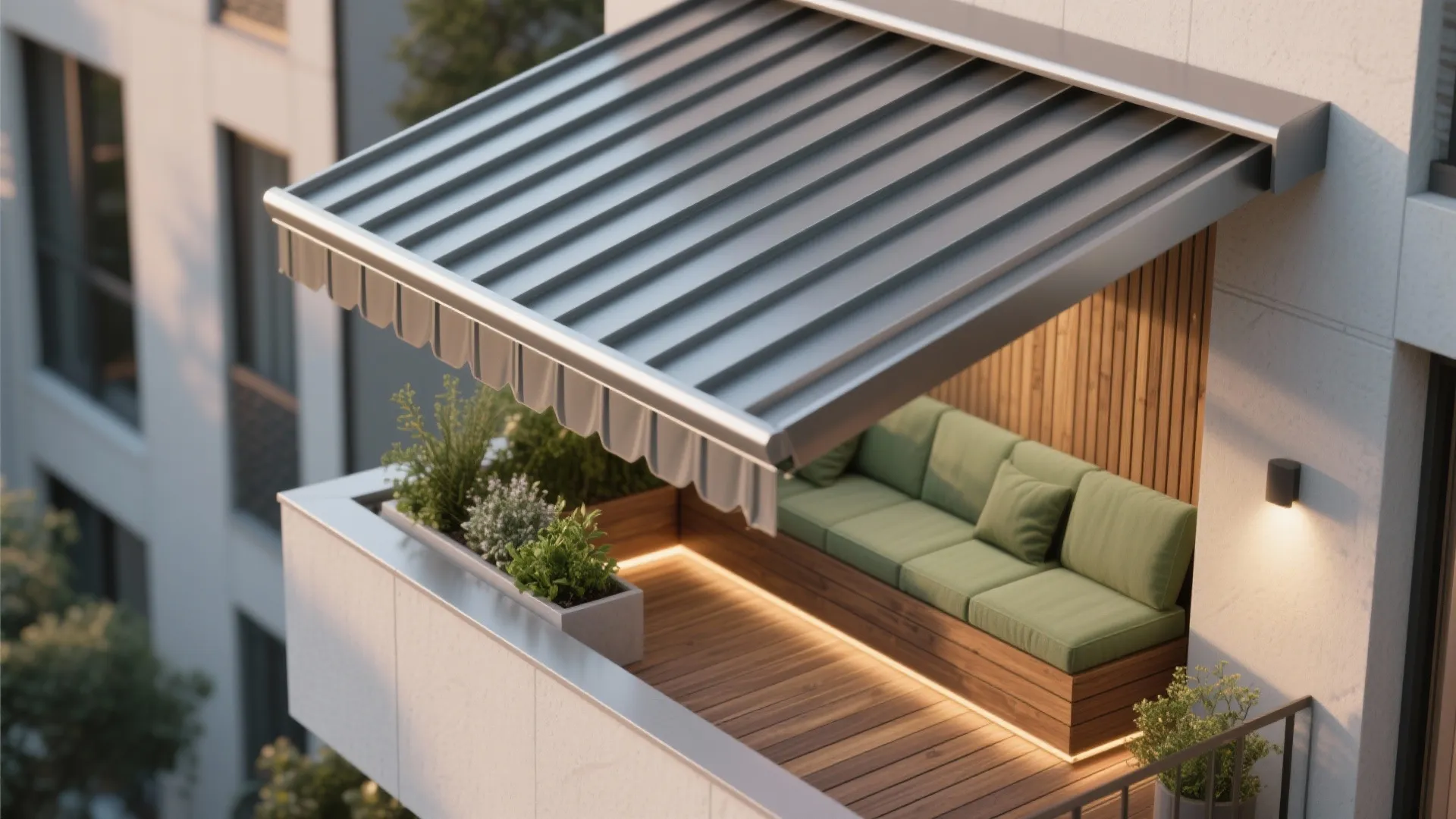 Macro of balcony edge with canopy, aluminum battens, planter bench, and composite decking under warm ambient light.