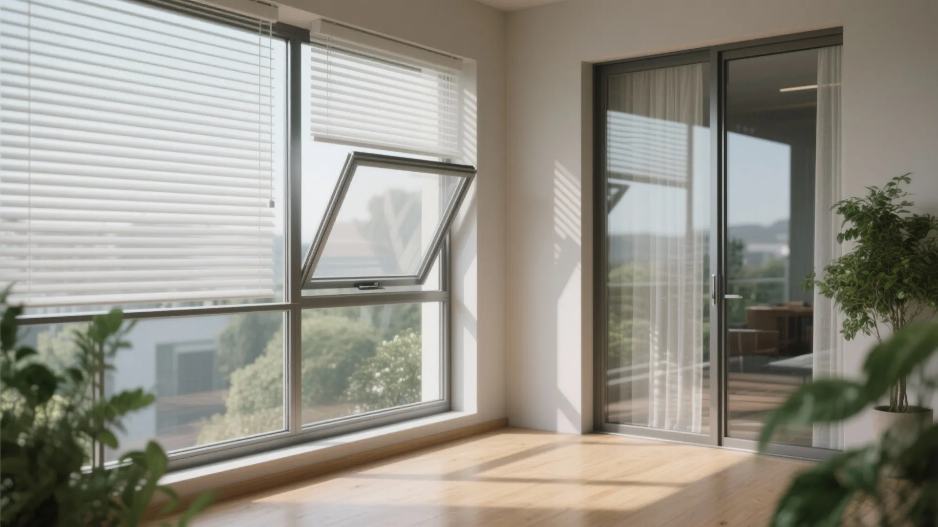 Balcony window design with exterior micro-louvers, neutral film, and a tilt-turn sash for cool, glare-free comfort.