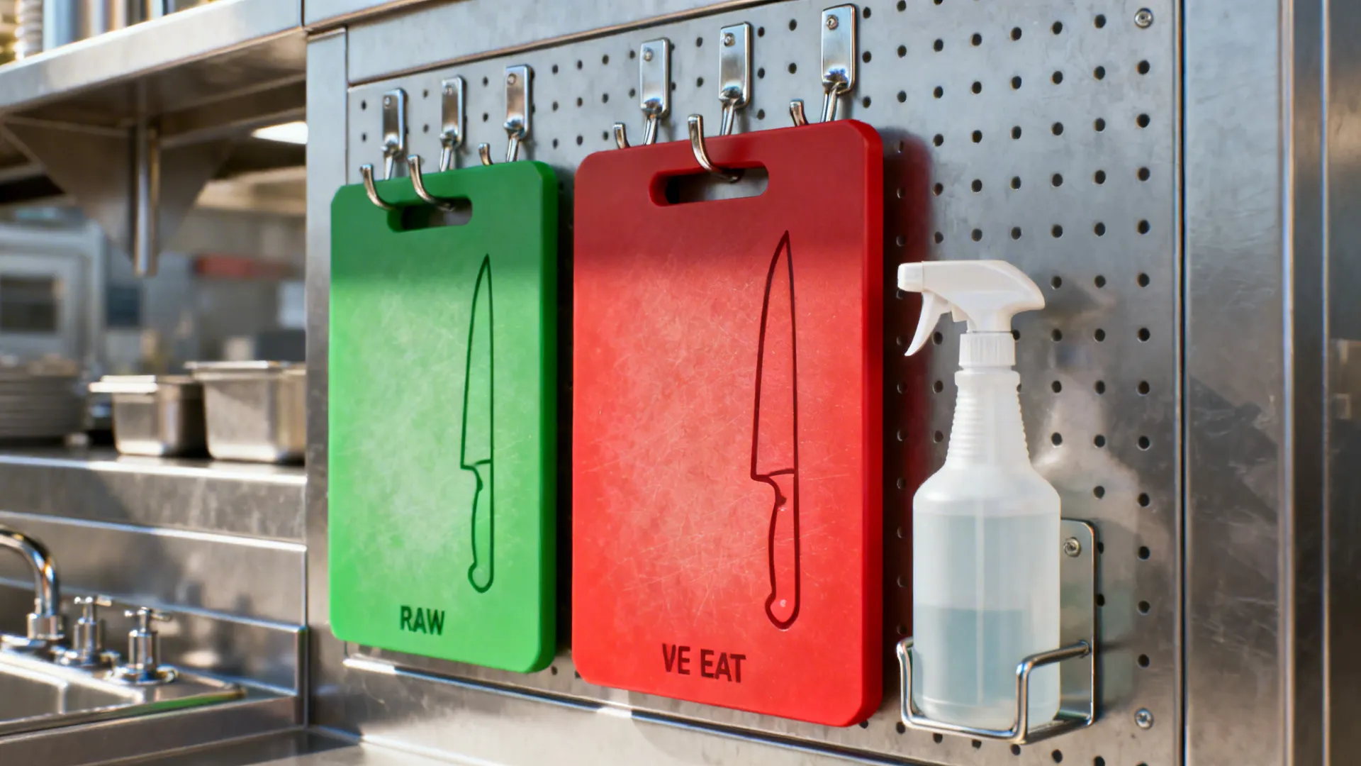 Macro of shadow board and color-coded cutting boards organized for clear kitchen zones.
