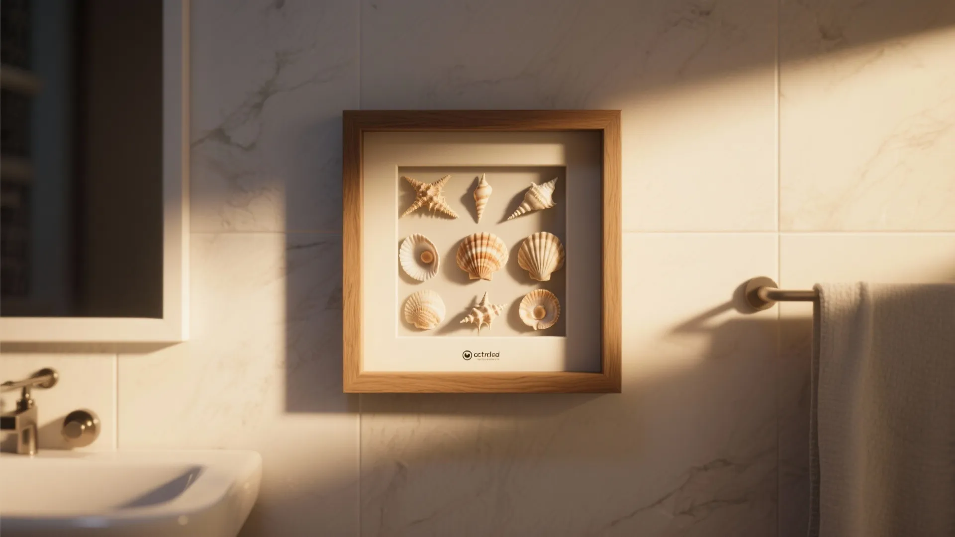 Wooden shadow box frame displaying various seashells on a white marble wall with soft sunlight