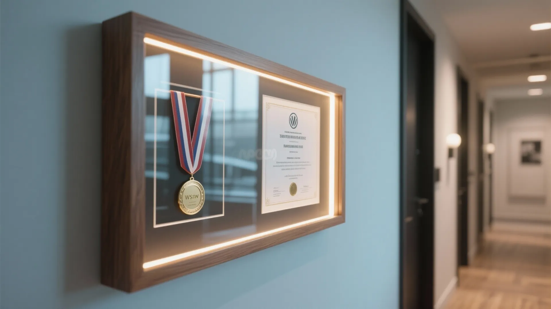Wooden wall frame with built-in light displaying a gold medal and a white framed certificate