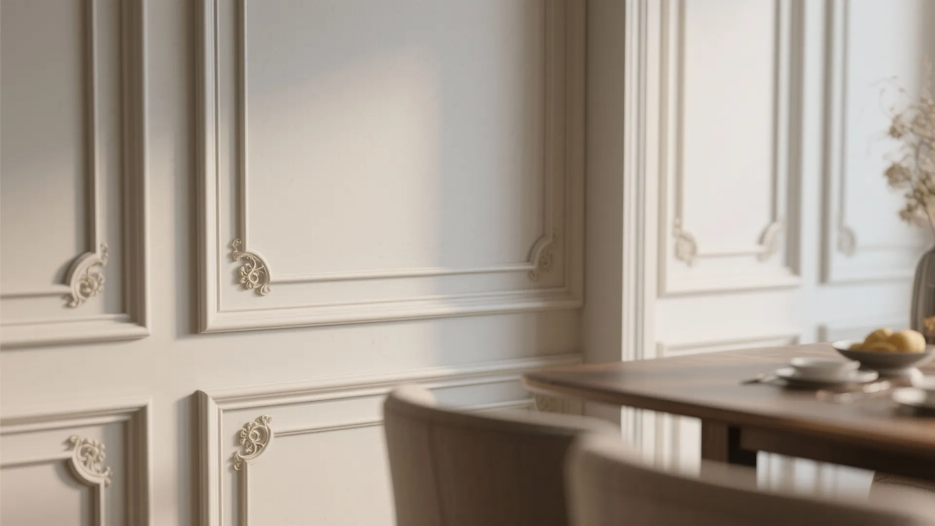 Close up of white wall panel design in dining room with wooden table and chair