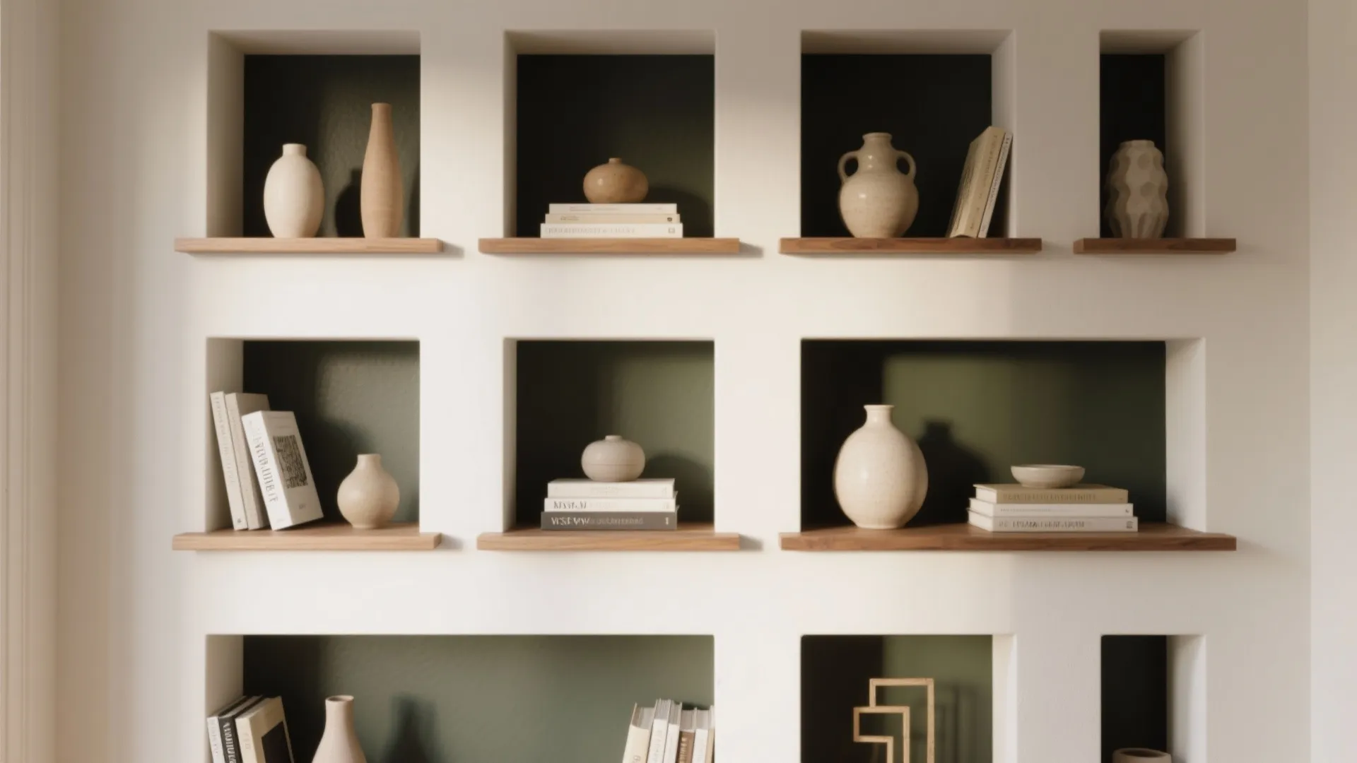Recessed wall shelves with dark green background holding various white ceramic vases and small books