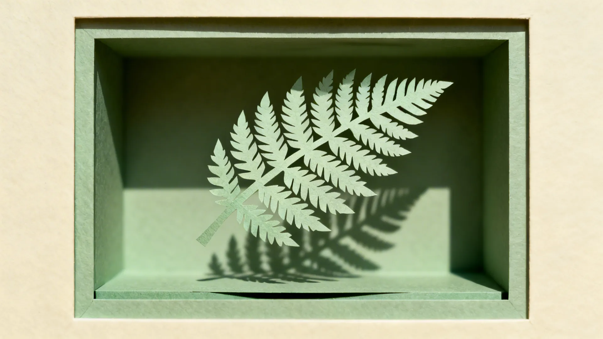 Close-up inside a shadow frame showing a floated paper fern and soft shadows.