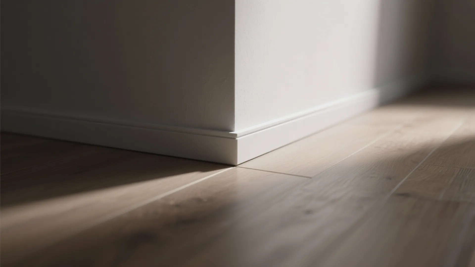 Close up of white wall base board and wood flooring with natural sunlight and shadows