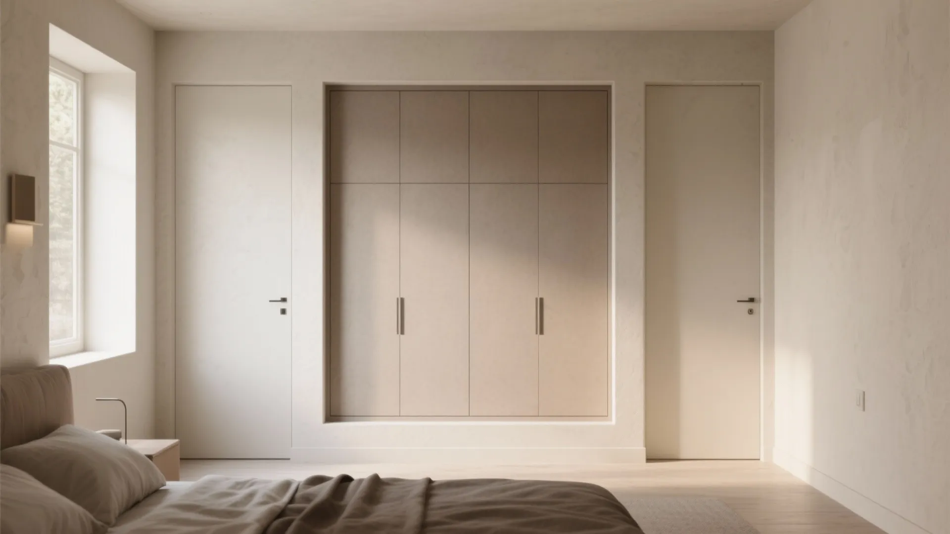 Neutral bedroom interior design with large built-in wall cabinet situated between two closed white doors