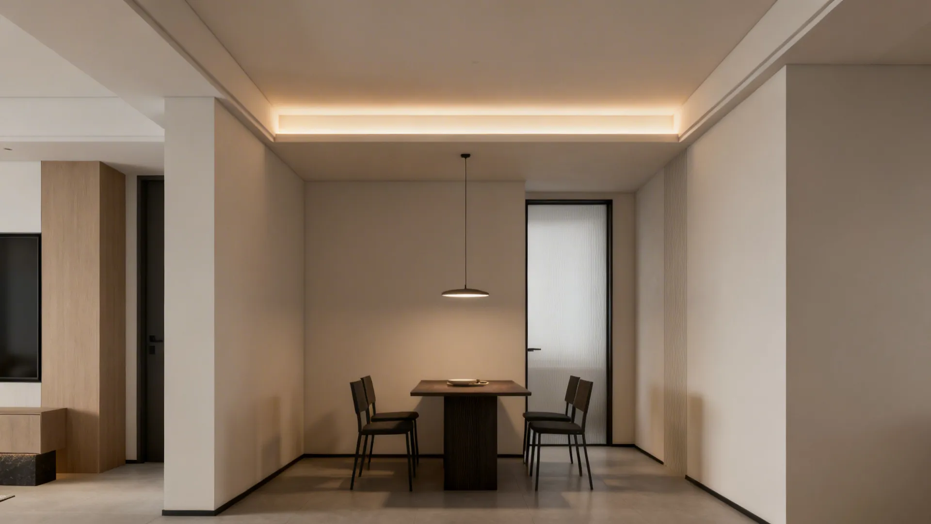 Minimalist dining room with dark table, four chairs, ceiling light, and hidden light fixture strip