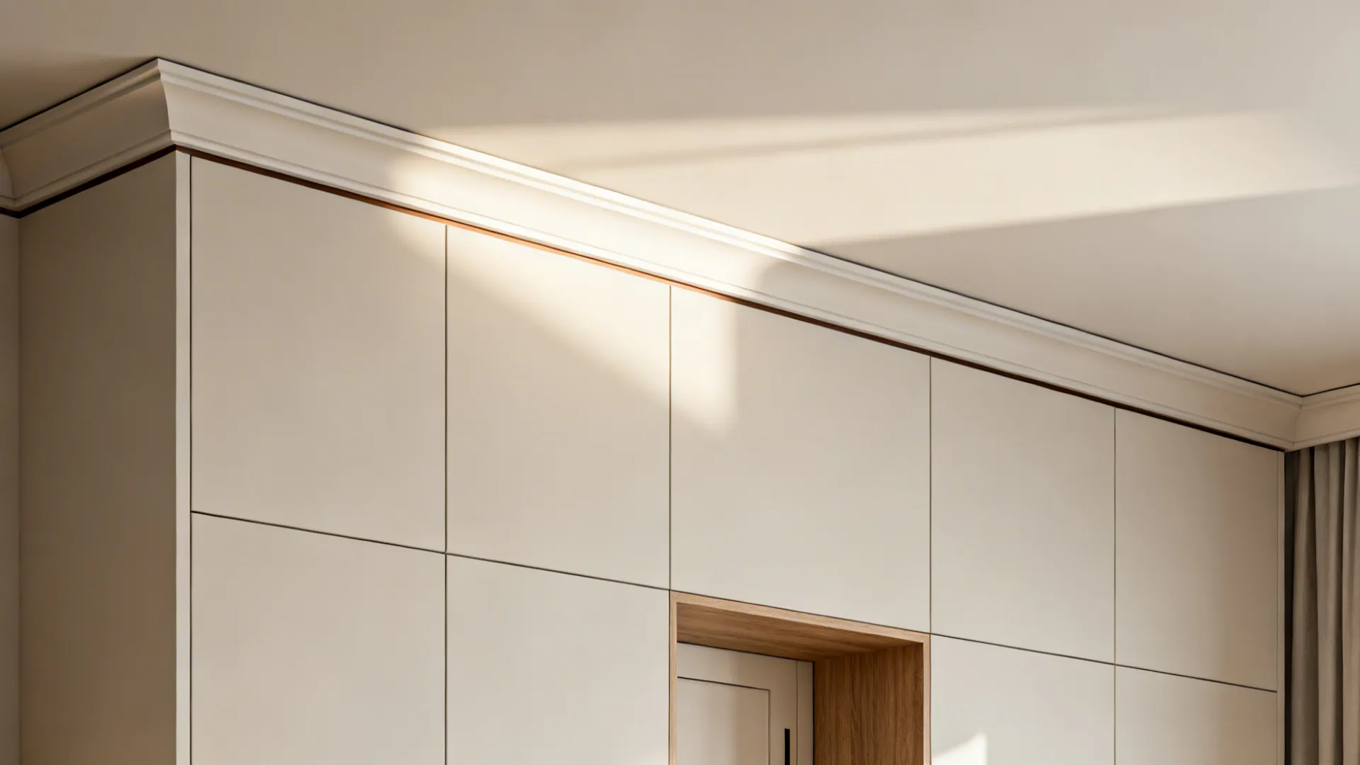 Tall cabinets finished to the ceiling with a crisp shadow gap detail.