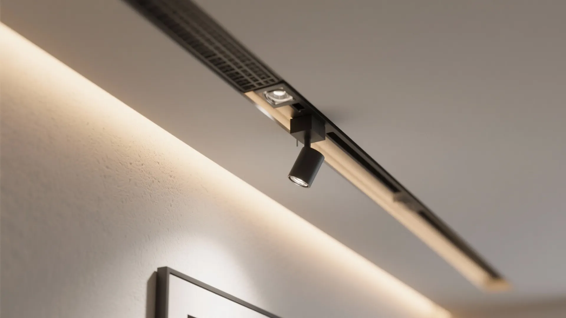 Macro of shadow-gap ceiling with hidden micro track and spot, showing precise trim and paint finish.