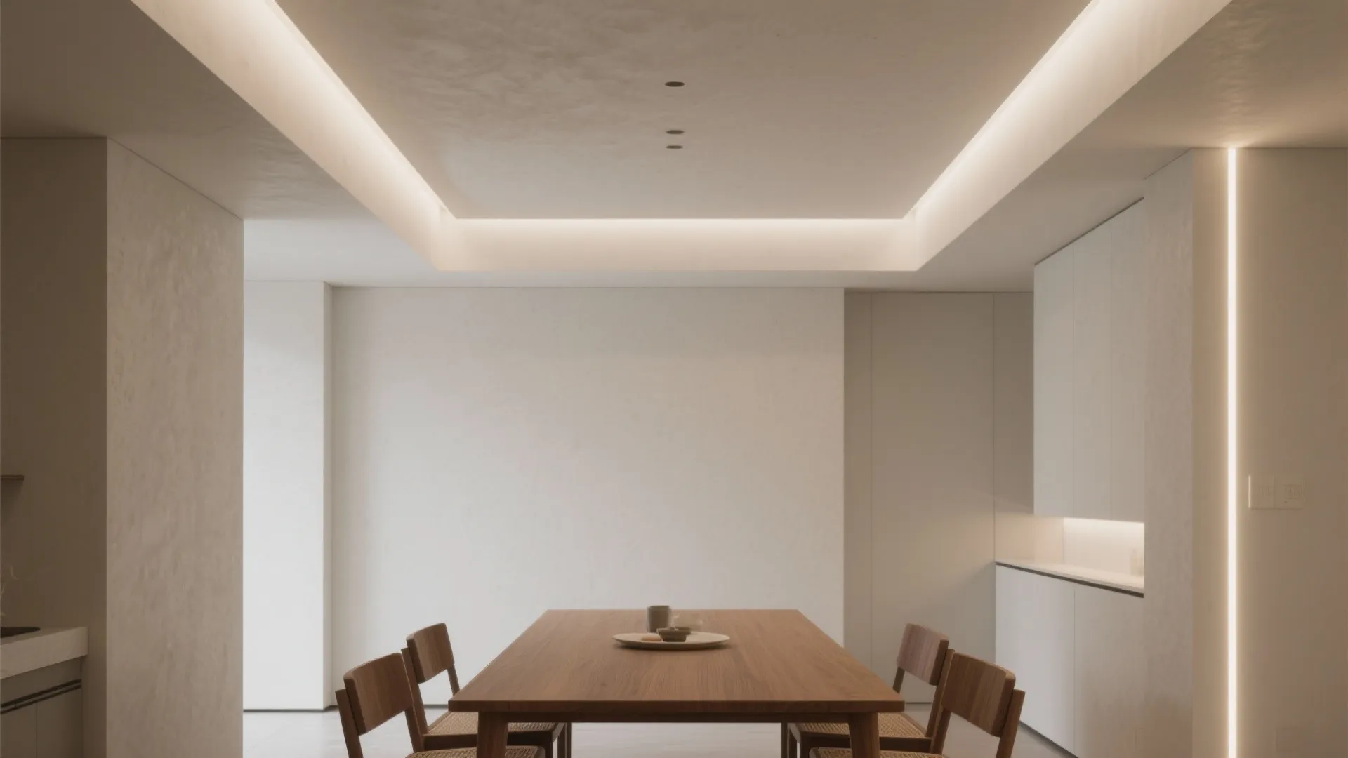 Minimalist dining room with a shadow gap gypsum ceiling and recessed LED creating a floating effect.