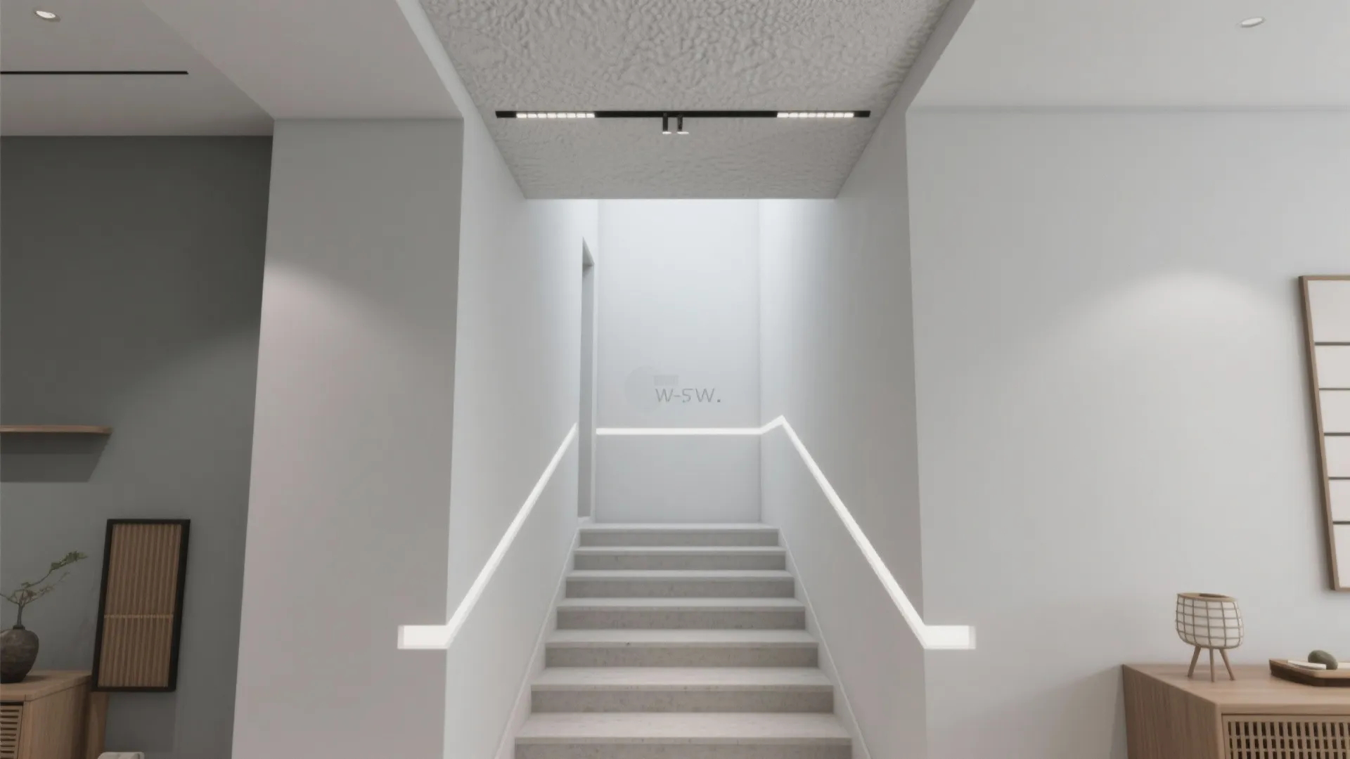 Minimalist staircase with white walls and integrated handrail lighting under a textured grey ceiling design