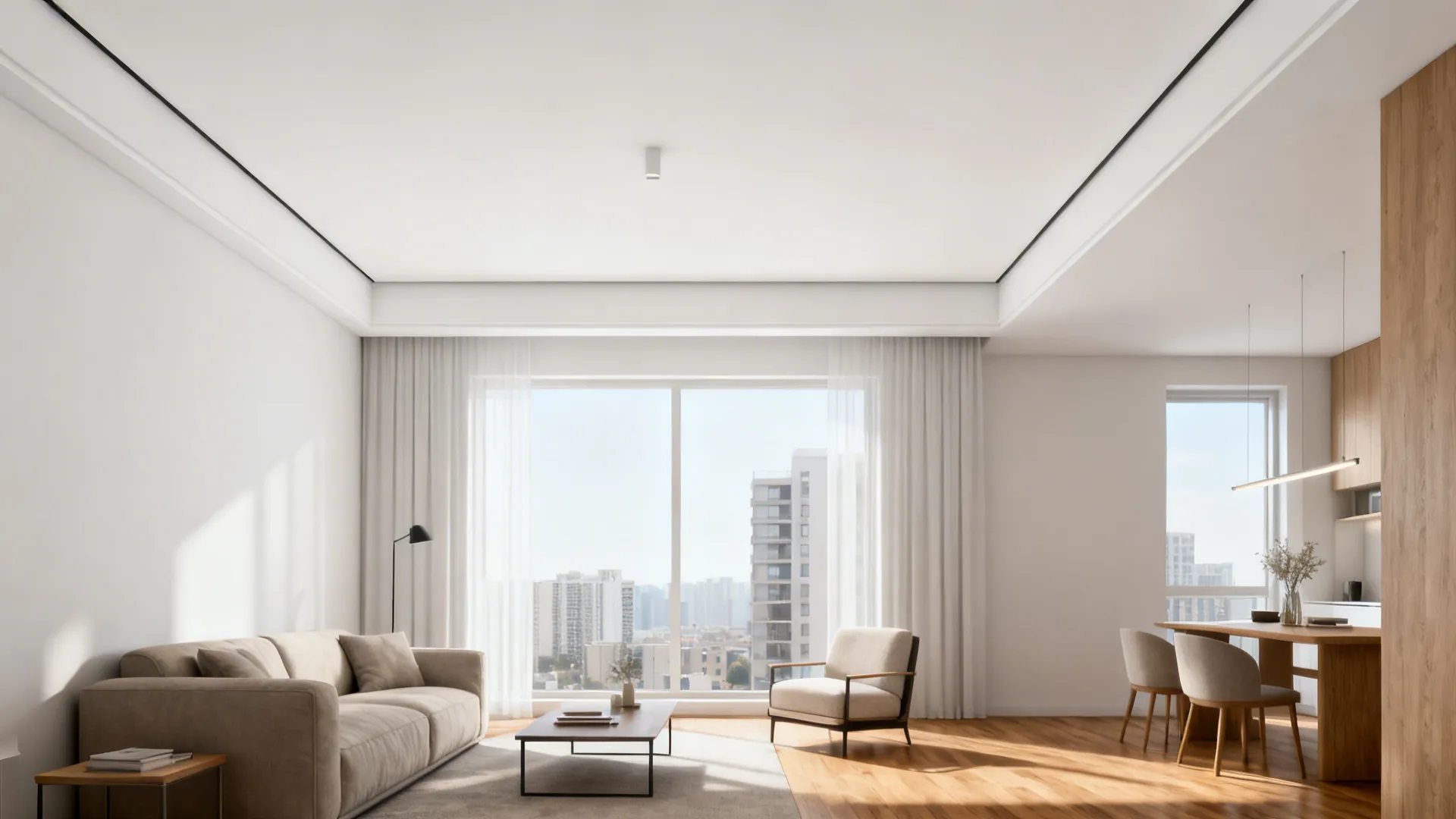 Scandinavian condo living room with a slim recessed shadow gap crown creating a floating ceiling effect.