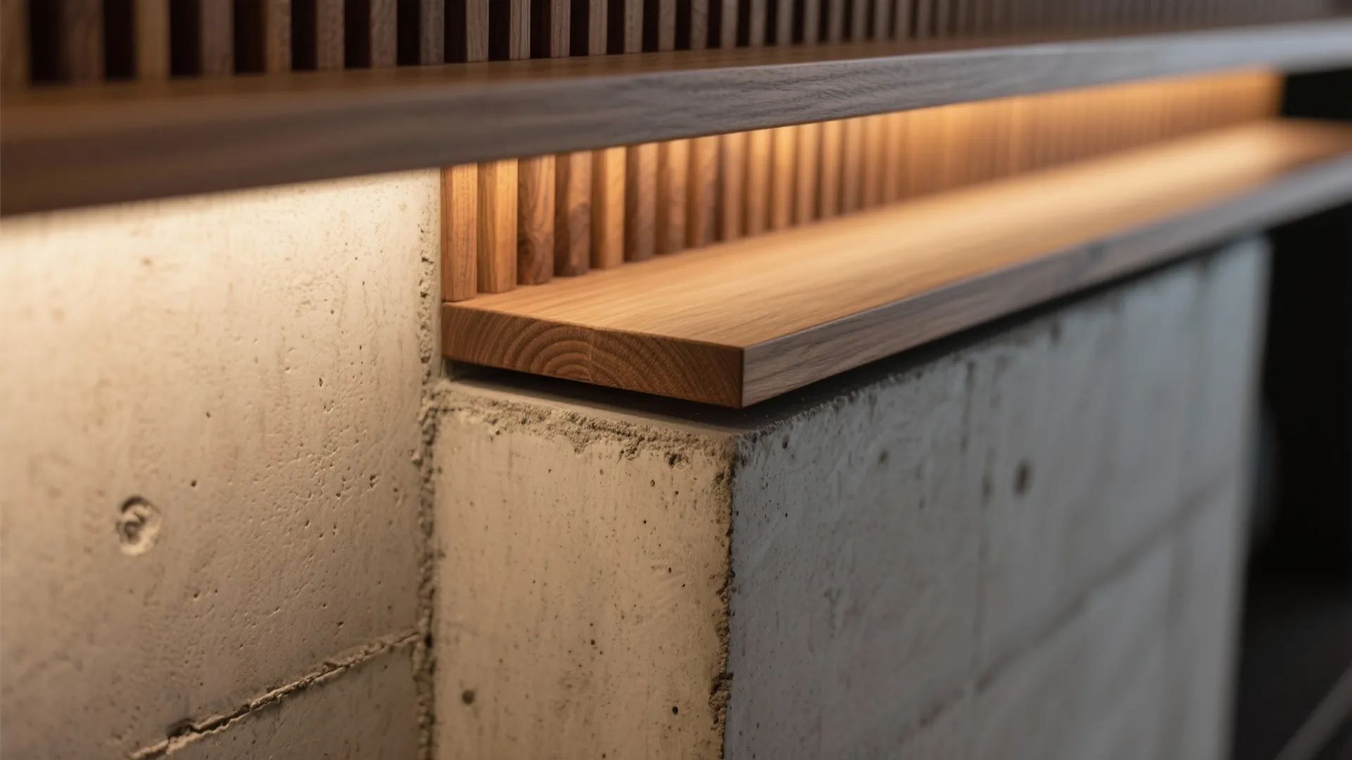 Close up of a wooden shelf on concrete wall with warm hidden light fixture glow