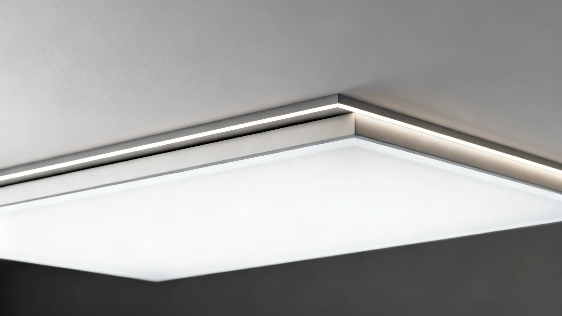 Macro detail of a 1-inch shadow gap and uniform LED halo on a floating panel.