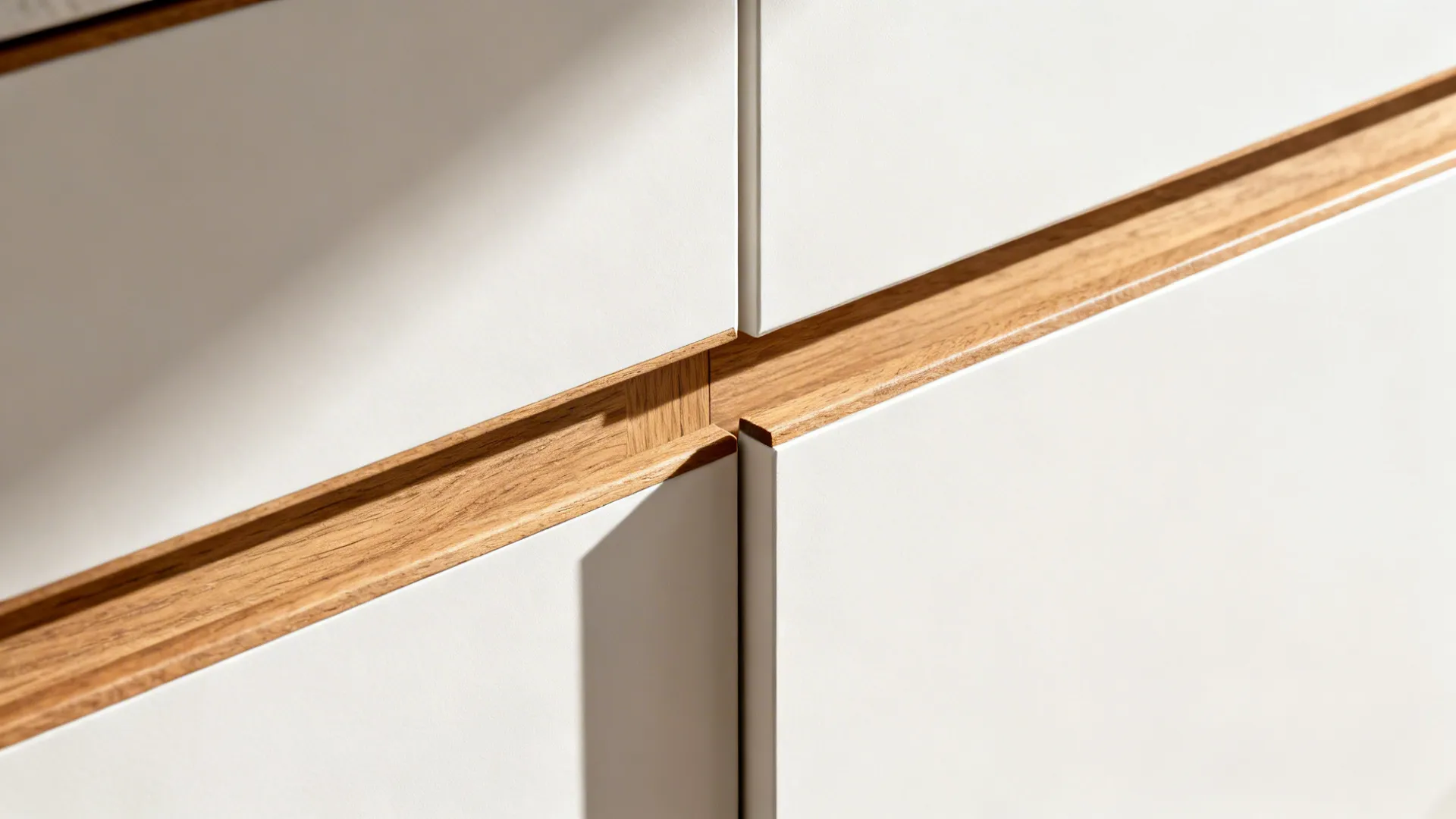 Macro of slab cabinet door and panel showing precise shadow gap and matte finish.