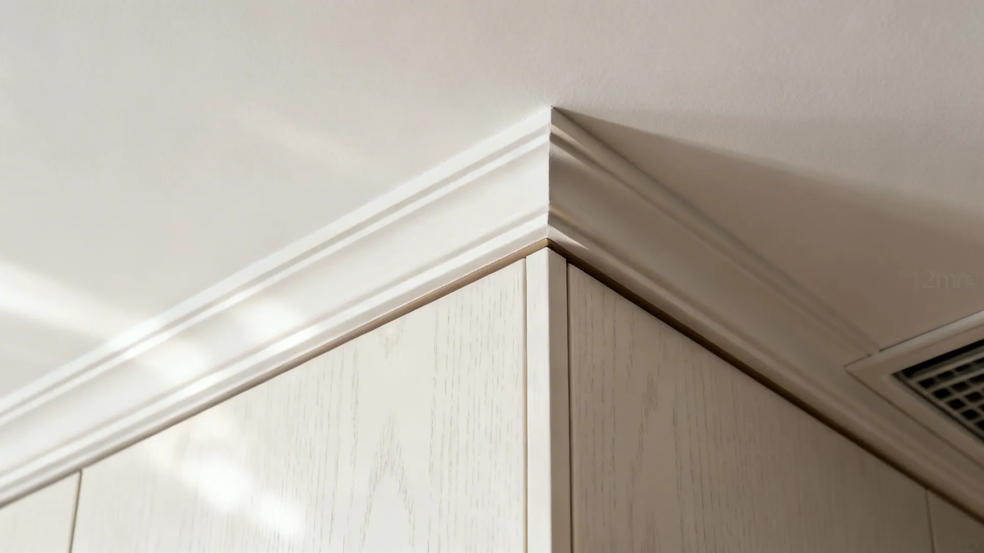 Macro of a 12 mm shadow gap and scribe panel at cabinet-to-ceiling junction.