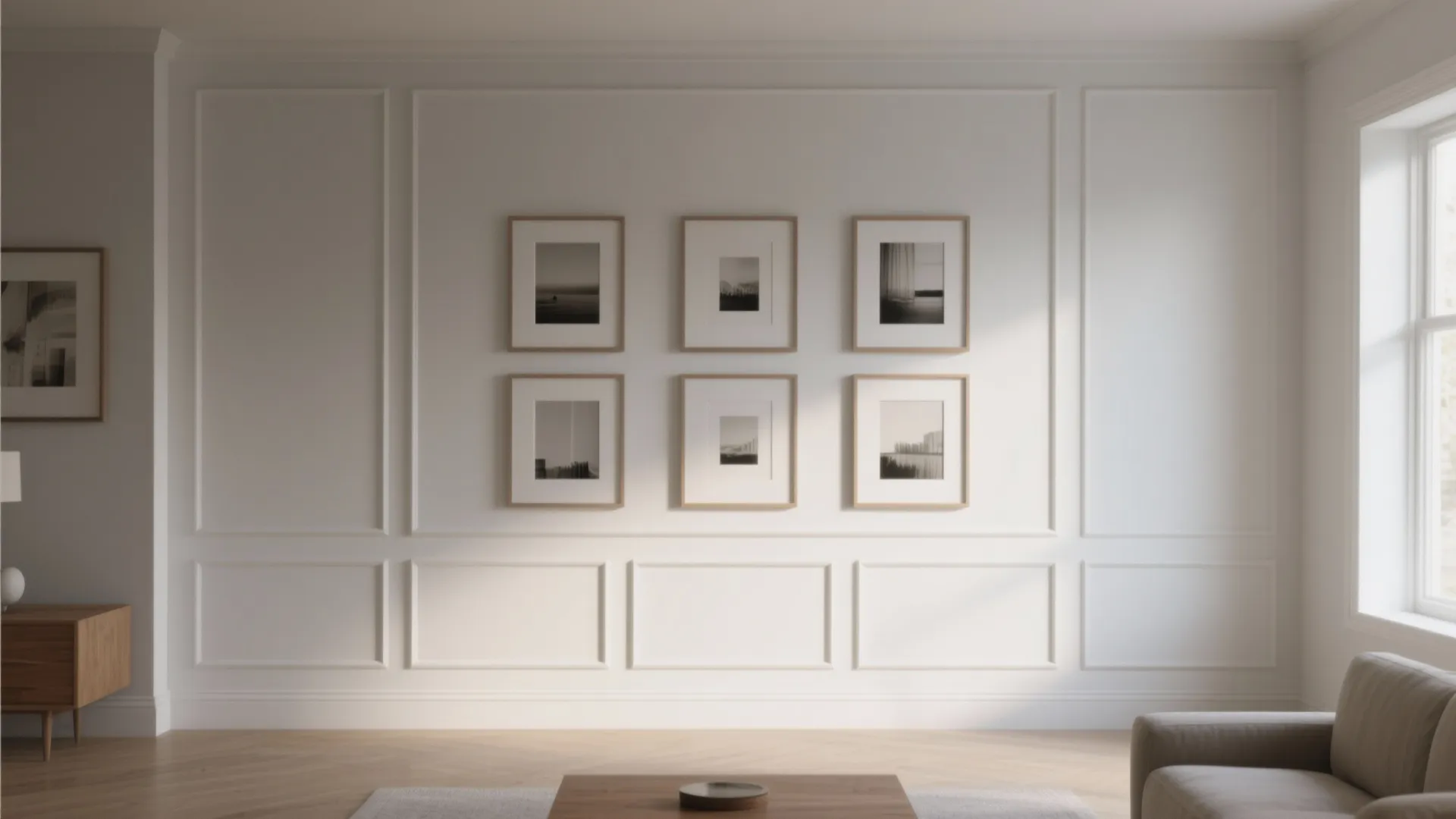 Living room wall with white rectangular panels and six framed pictures arranged in a grid