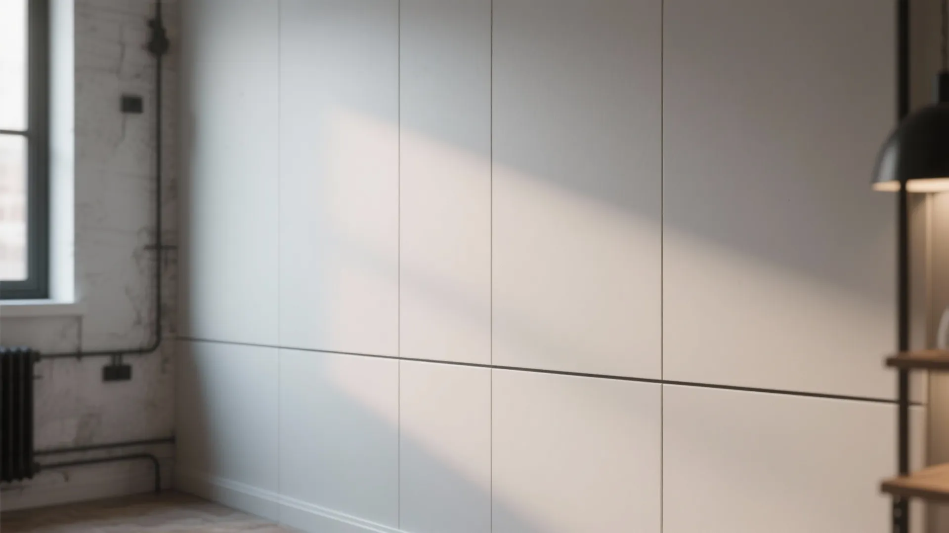 Modern white wall panels with vertical lines next to a brick wall and natural sunlight