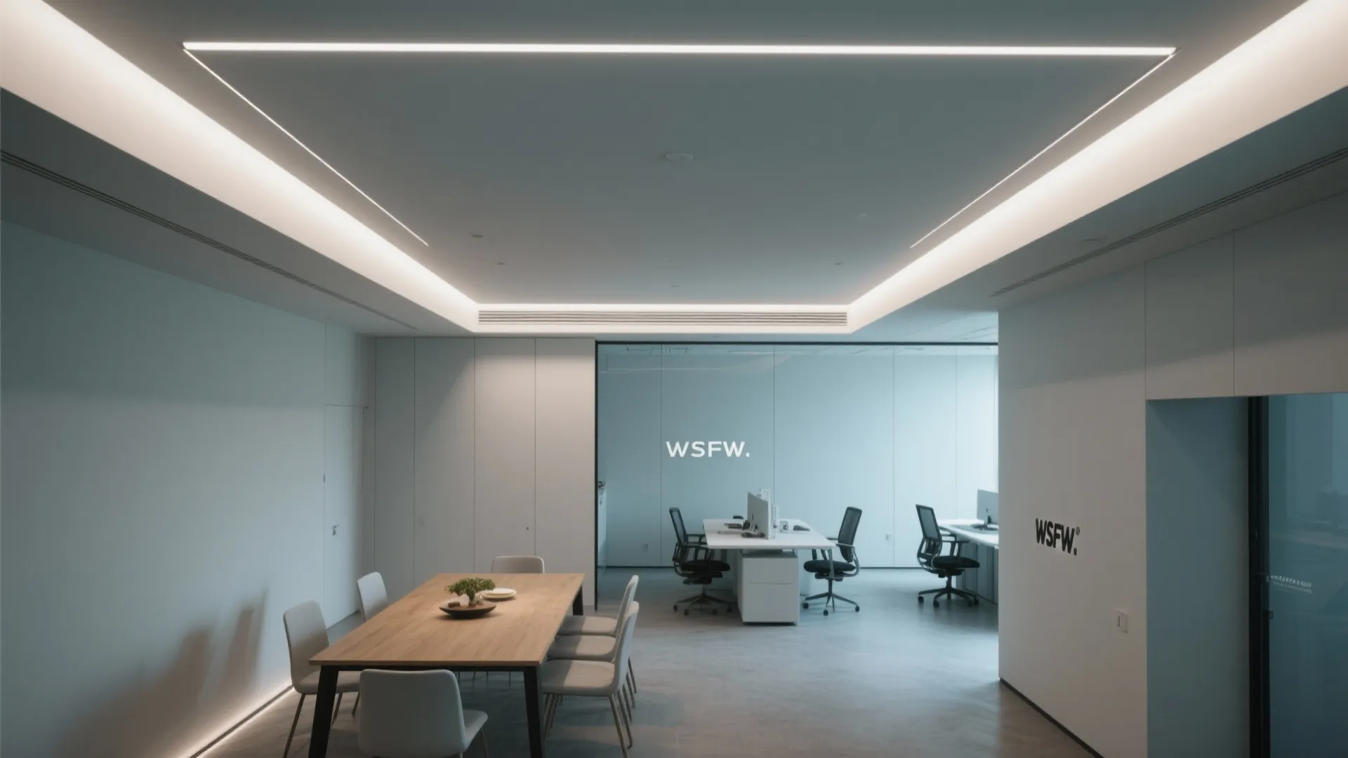 Top-down view of a uniform shadow gap ceiling with continuous recessed LED around the perimeter.