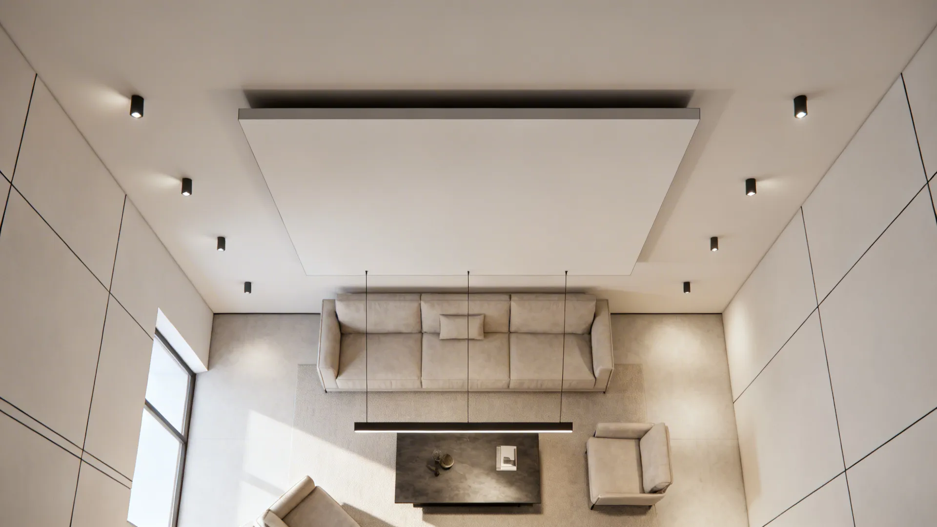 Top-down view of a floating ceiling panel with a uniform shadow gap and lighting layout.